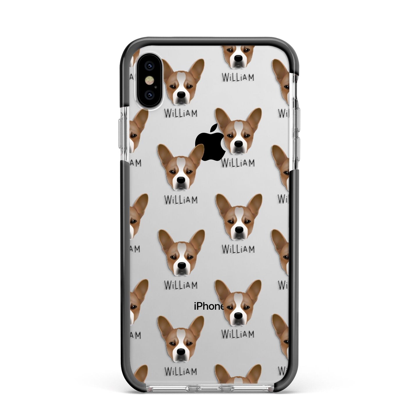 French Bull Jack Icon with Name Apple iPhone Xs Max Impact Case Black Edge on Silver Phone