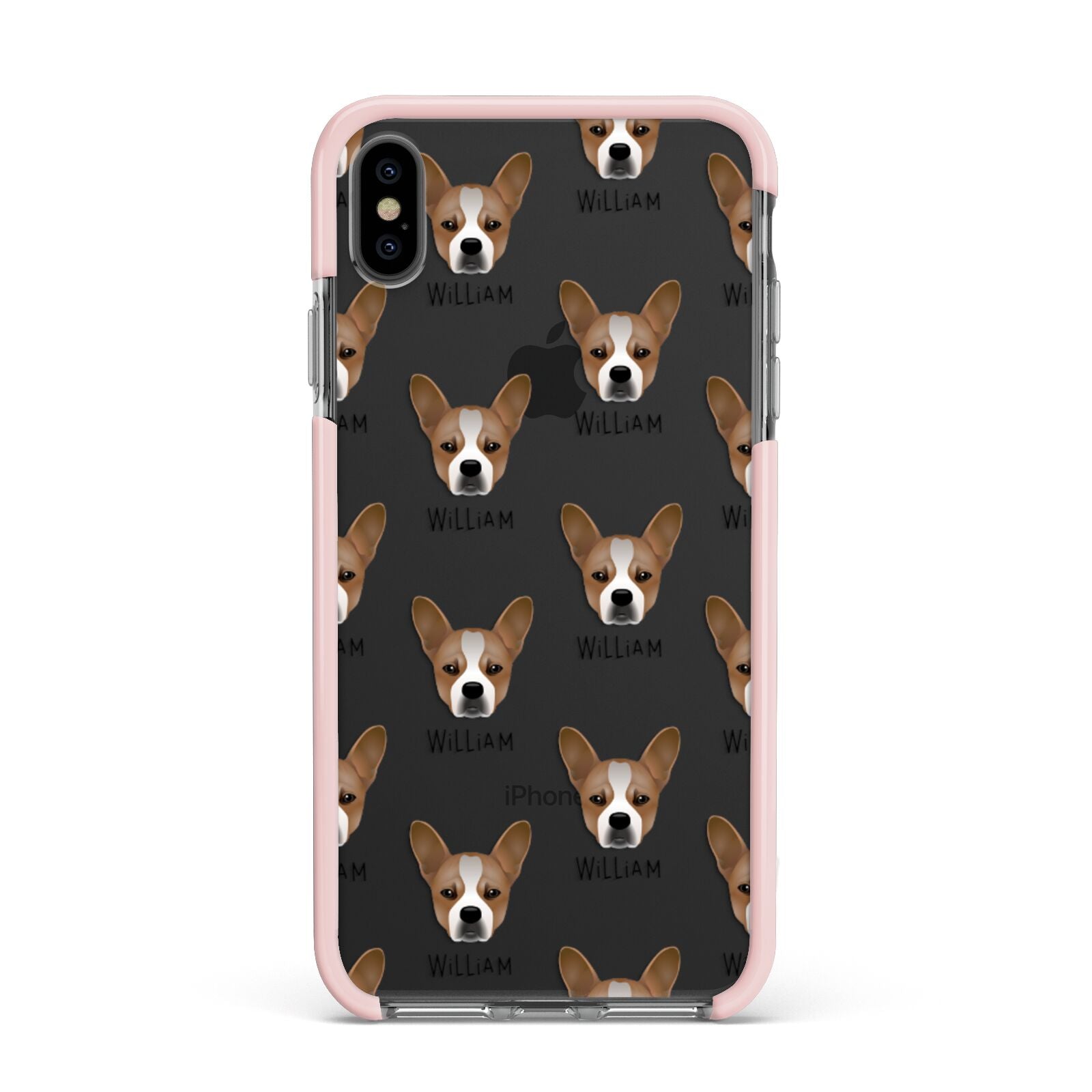 French Bull Jack Icon with Name Apple iPhone Xs Max Impact Case Pink Edge on Black Phone