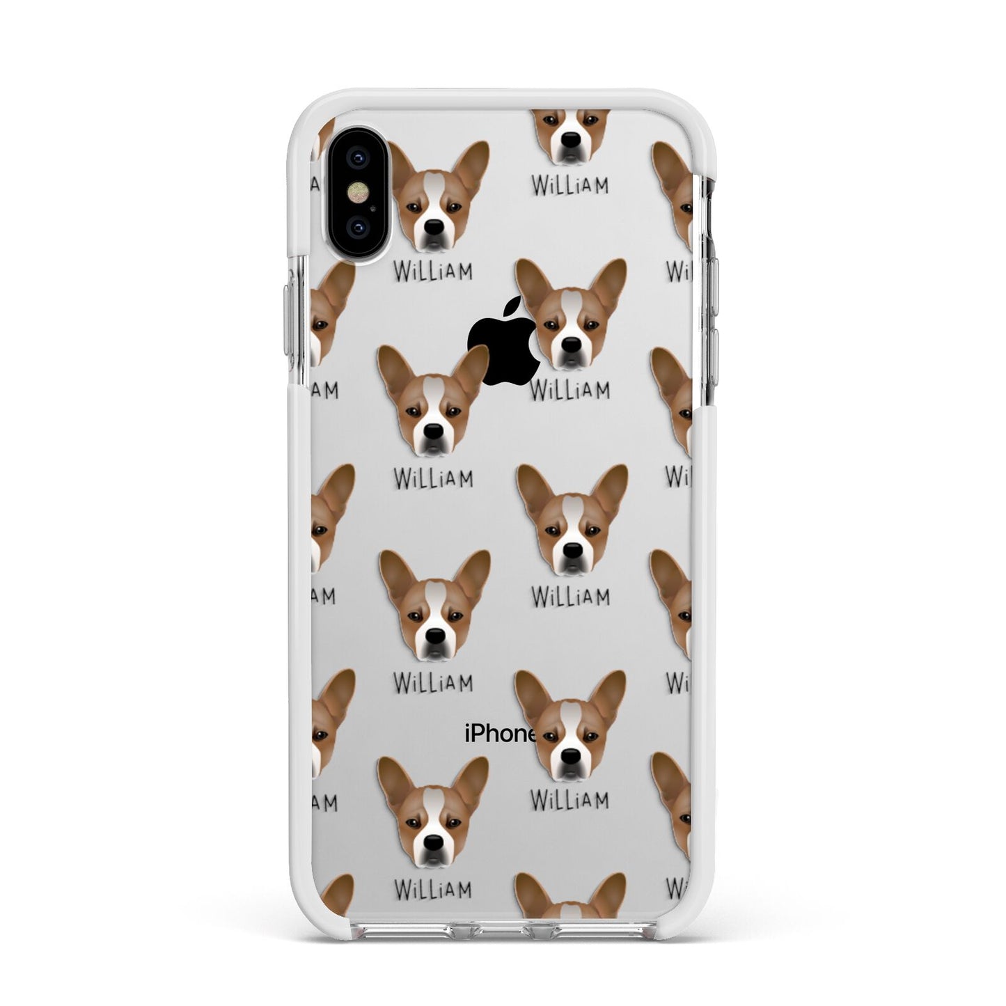 French Bull Jack Icon with Name Apple iPhone Xs Max Impact Case White Edge on Silver Phone