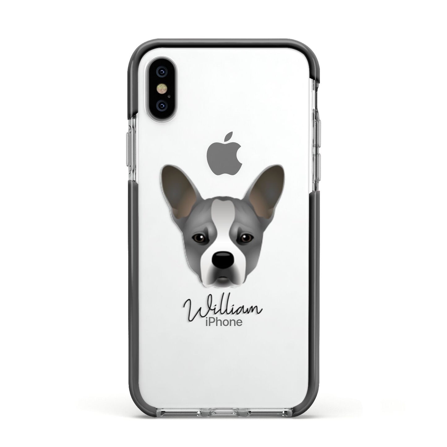 French Bull Jack Personalised Apple iPhone Xs Impact Case Black Edge on Silver Phone