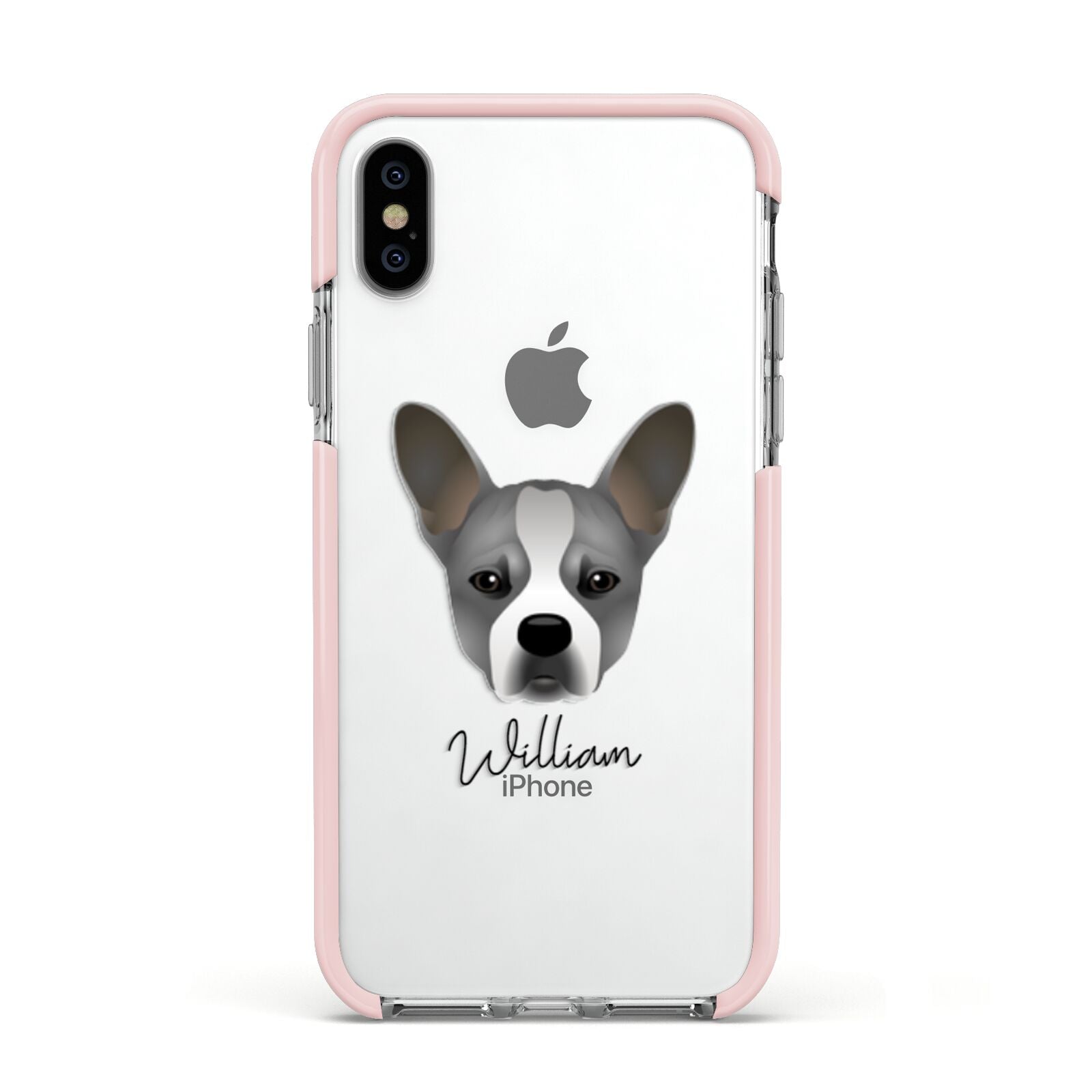 French Bull Jack Personalised Apple iPhone Xs Impact Case Pink Edge on Silver Phone