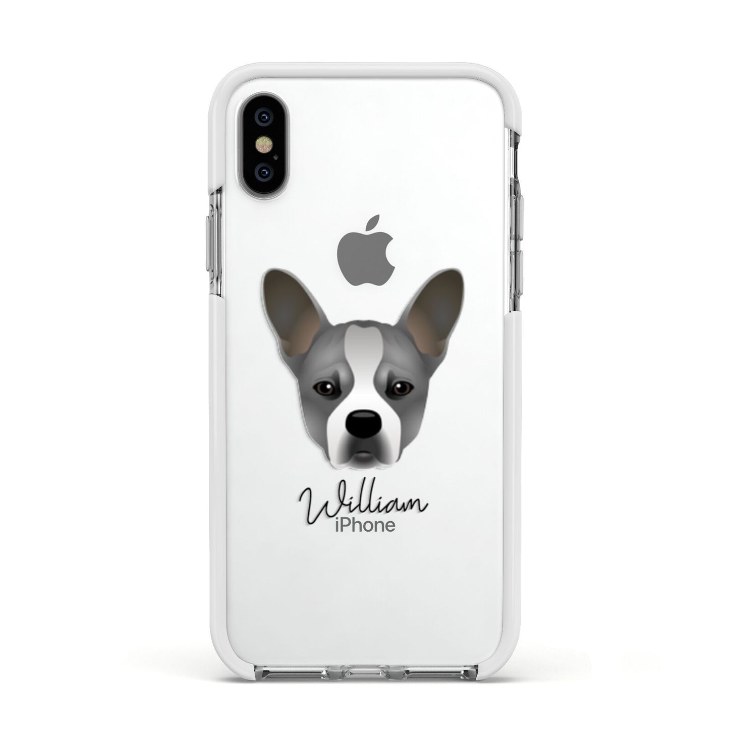 French Bull Jack Personalised Apple iPhone Xs Impact Case White Edge on Silver Phone