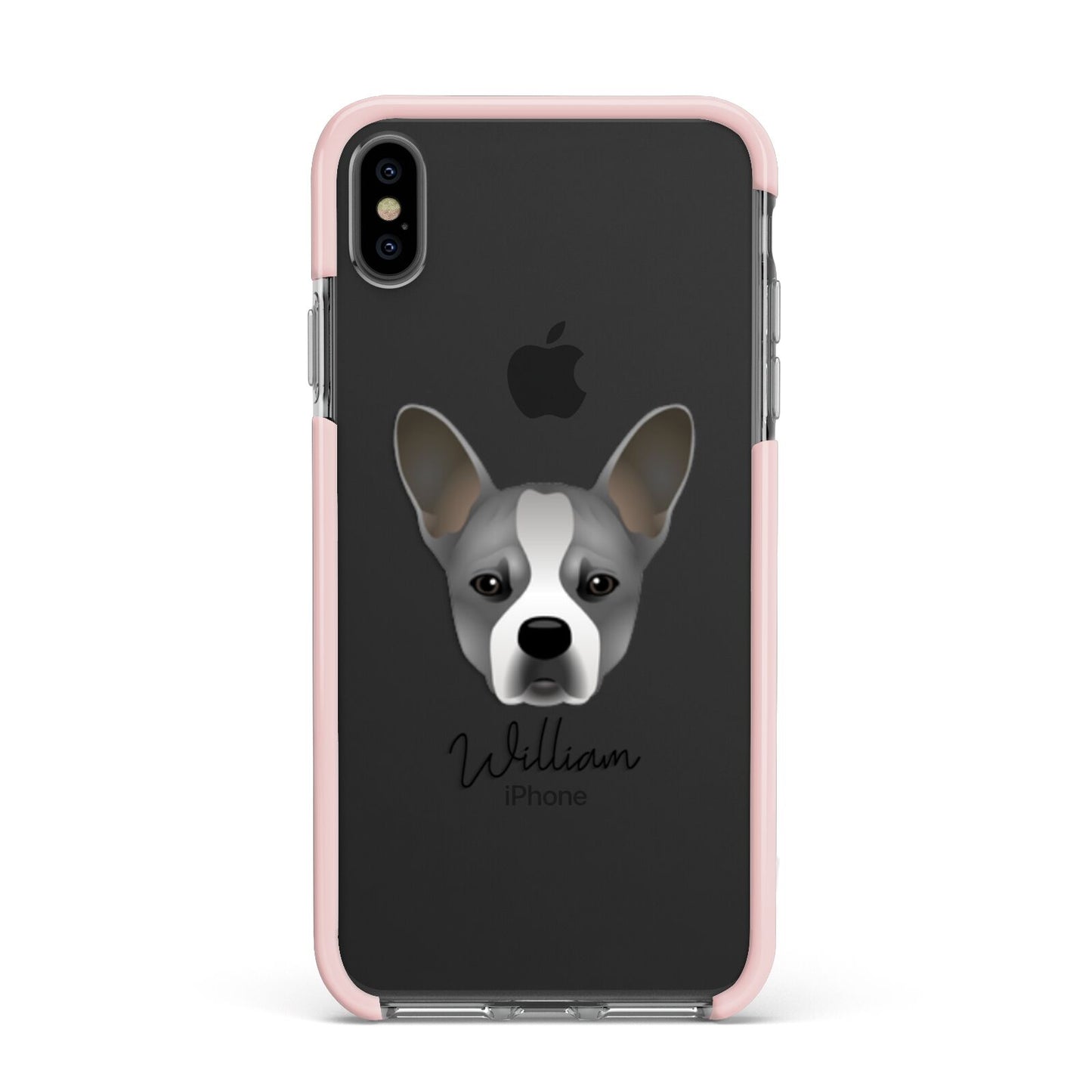 French Bull Jack Personalised Apple iPhone Xs Max Impact Case Pink Edge on Black Phone
