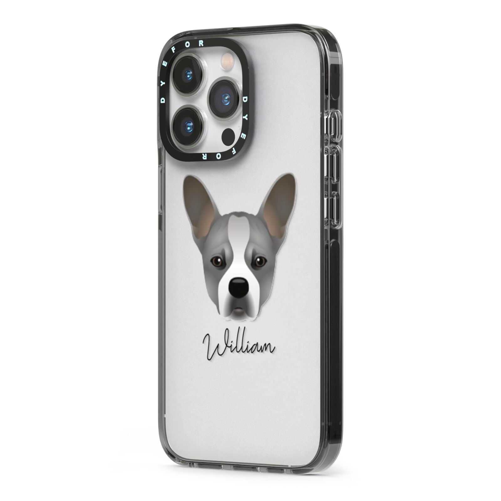 French Bull Jack Personalised iPhone 13 Pro Black Impact Case Side Angle on Silver phone
