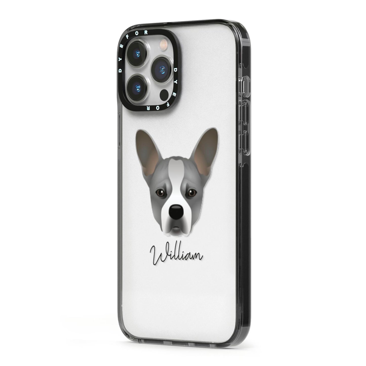 French Bull Jack Personalised iPhone 13 Pro Max Black Impact Case Side Angle on Silver phone
