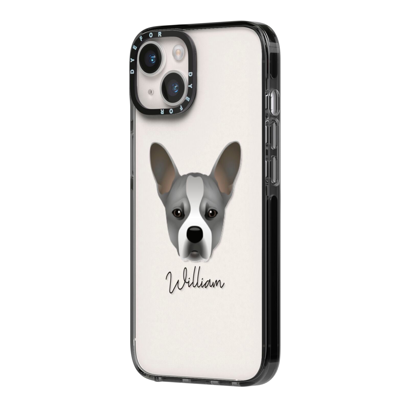 French Bull Jack Personalised iPhone 14 Black Impact Case Side Angle on Silver phone