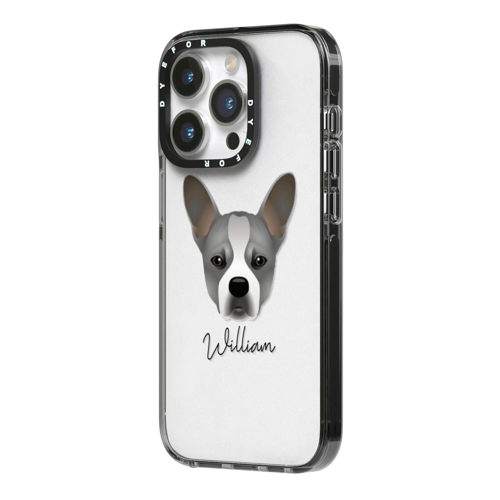 French Bull Jack Personalised iPhone 14 Pro Black Impact Case Side Angle on Silver phone