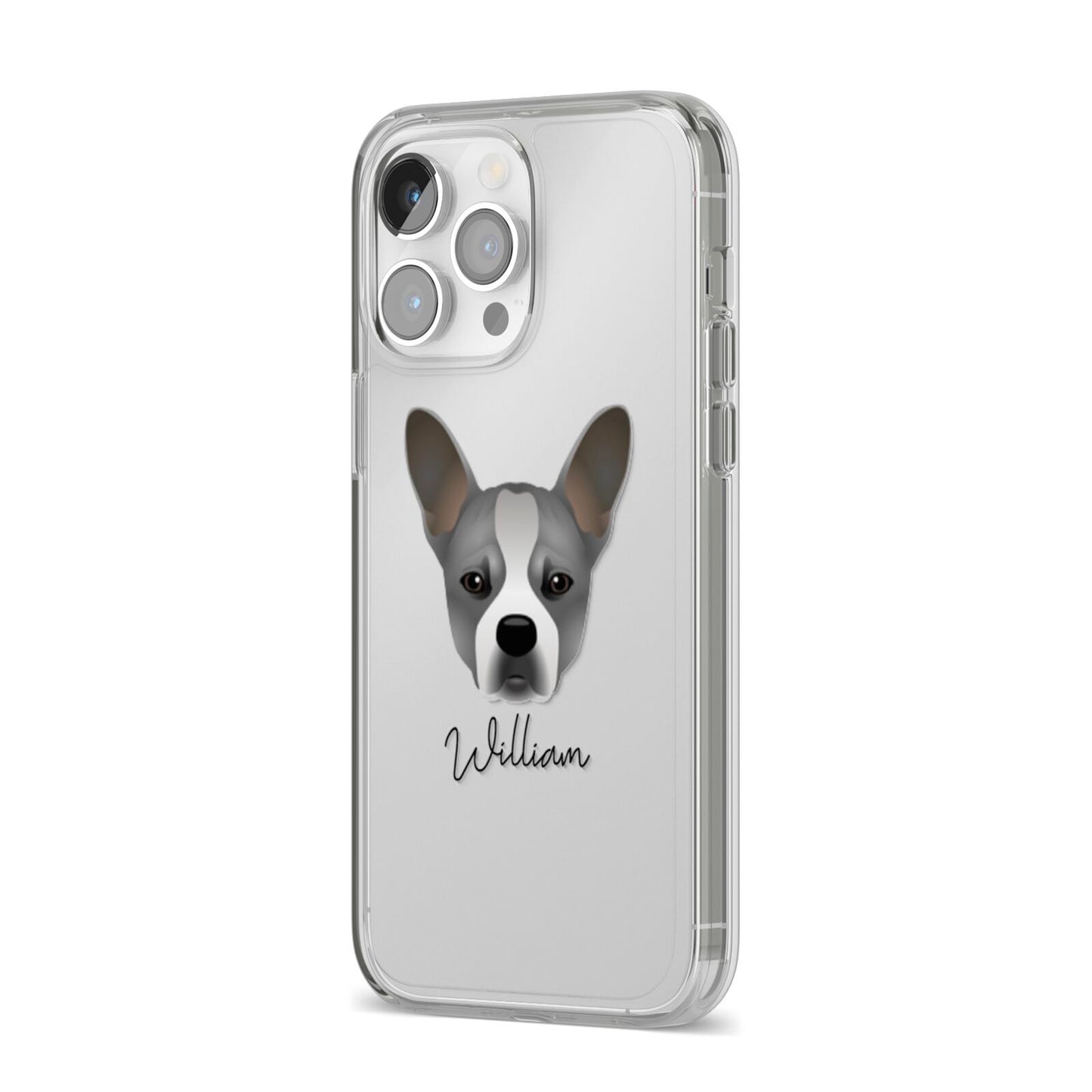 French Bull Jack Personalised iPhone 14 Pro Max Clear Tough Case Silver Angled Image