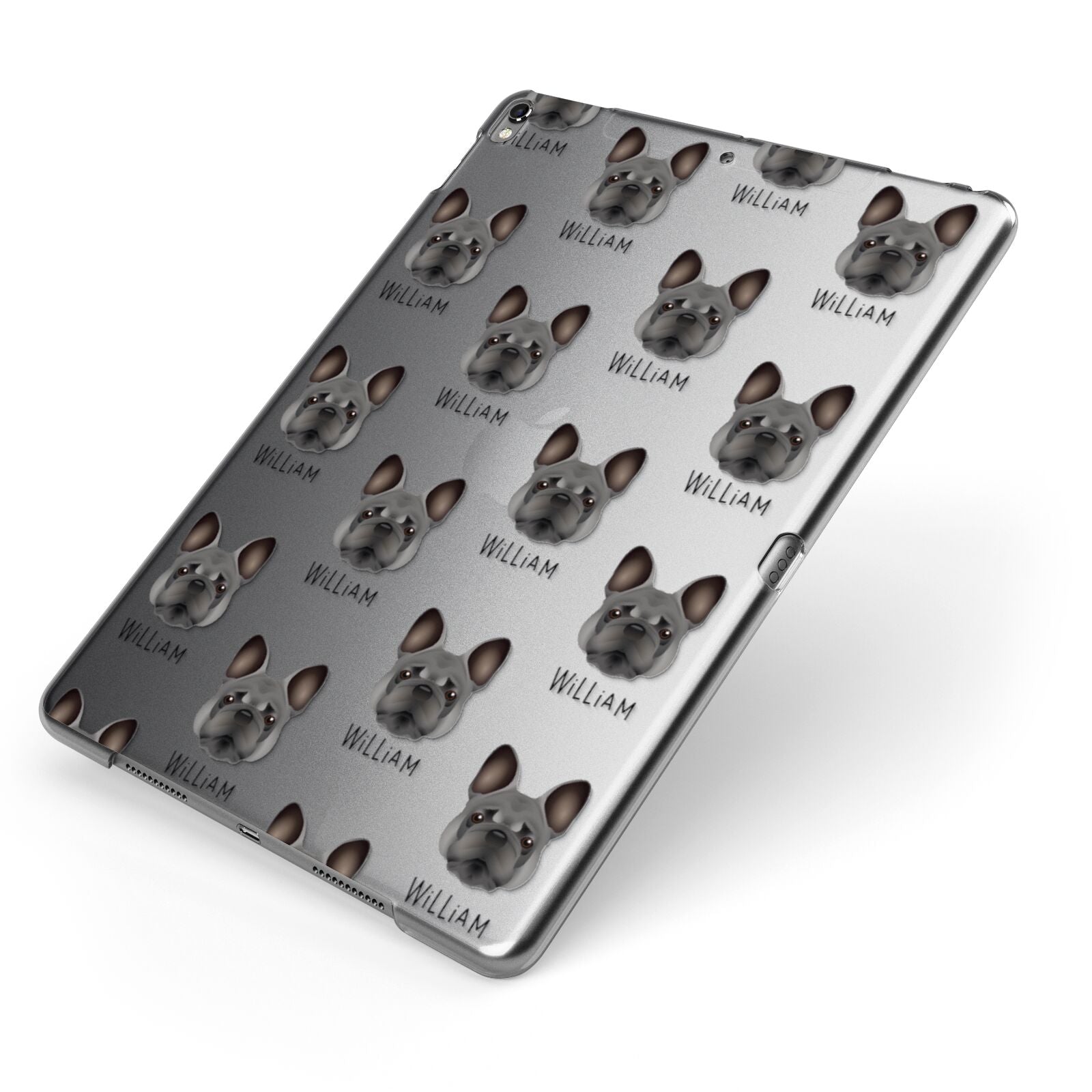 French Bulldog Icon with Name Apple iPad Case on Grey iPad Side View
