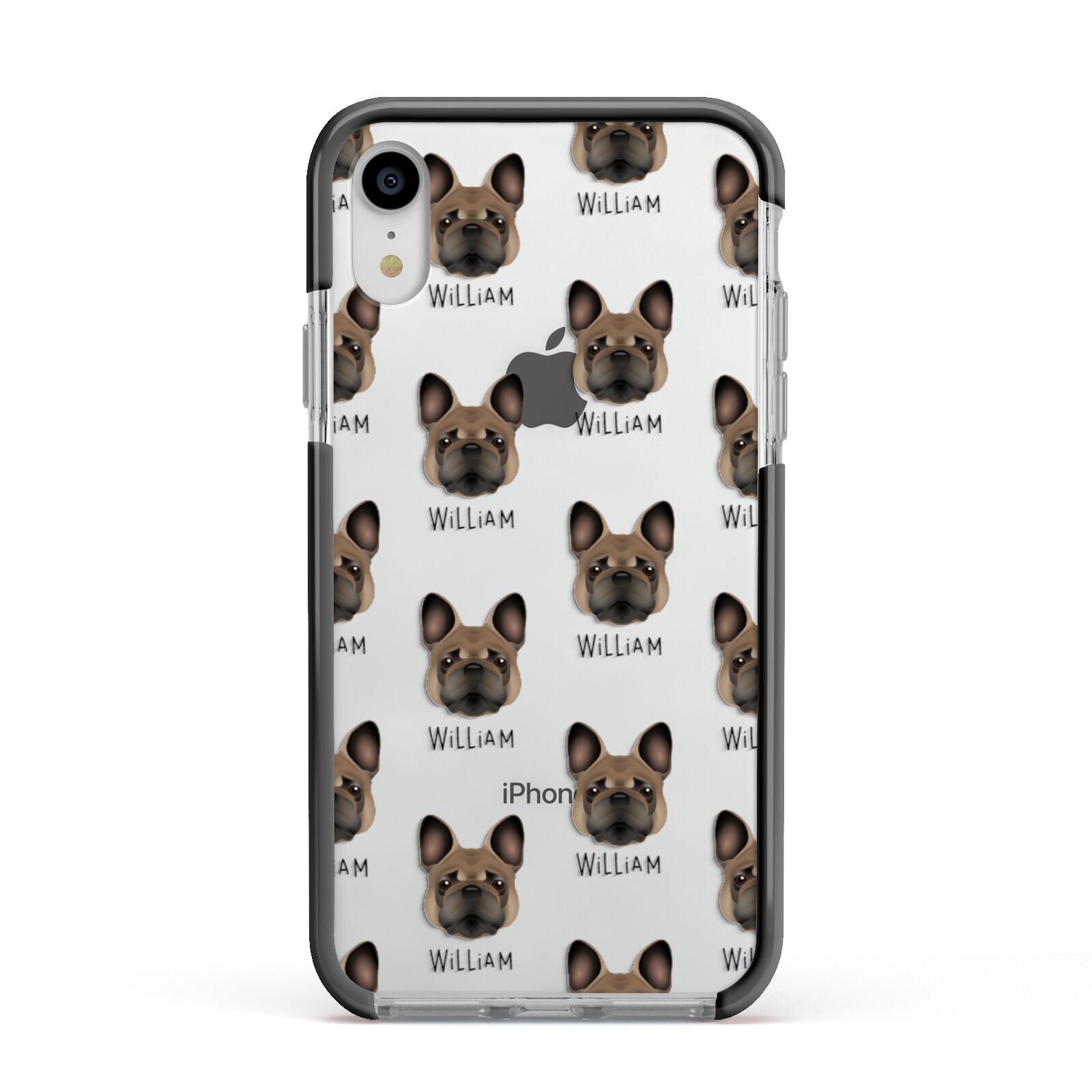French Bulldog Icon with Name Apple iPhone XR Impact Case Black Edge on Silver Phone