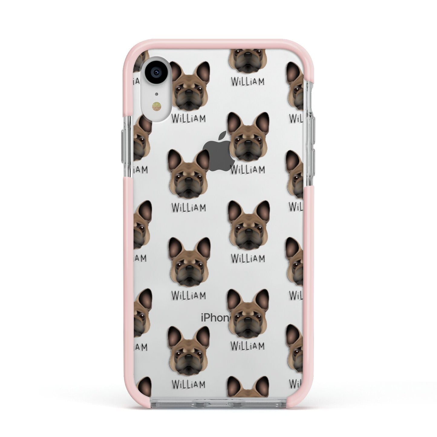 French Bulldog Icon with Name Apple iPhone XR Impact Case Pink Edge on Silver Phone