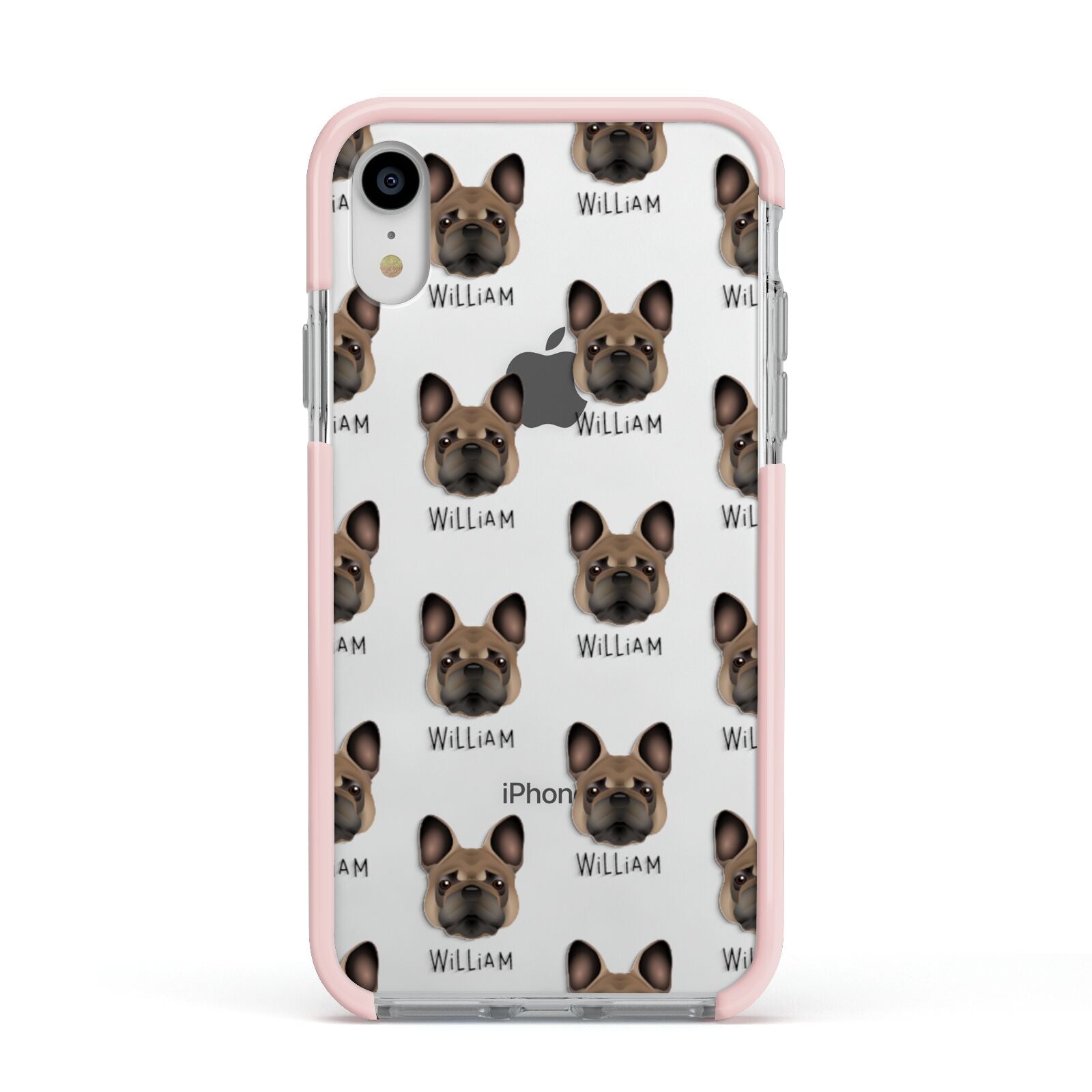French Bulldog Icon with Name Apple iPhone XR Impact Case Pink Edge on Silver Phone