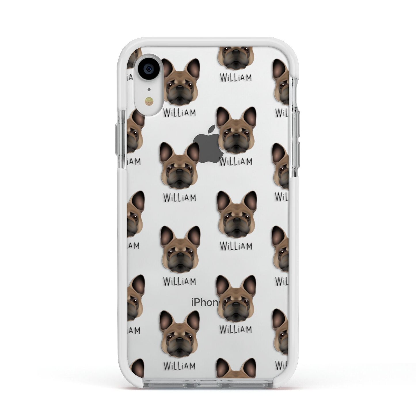 French Bulldog Icon with Name Apple iPhone XR Impact Case White Edge on Silver Phone