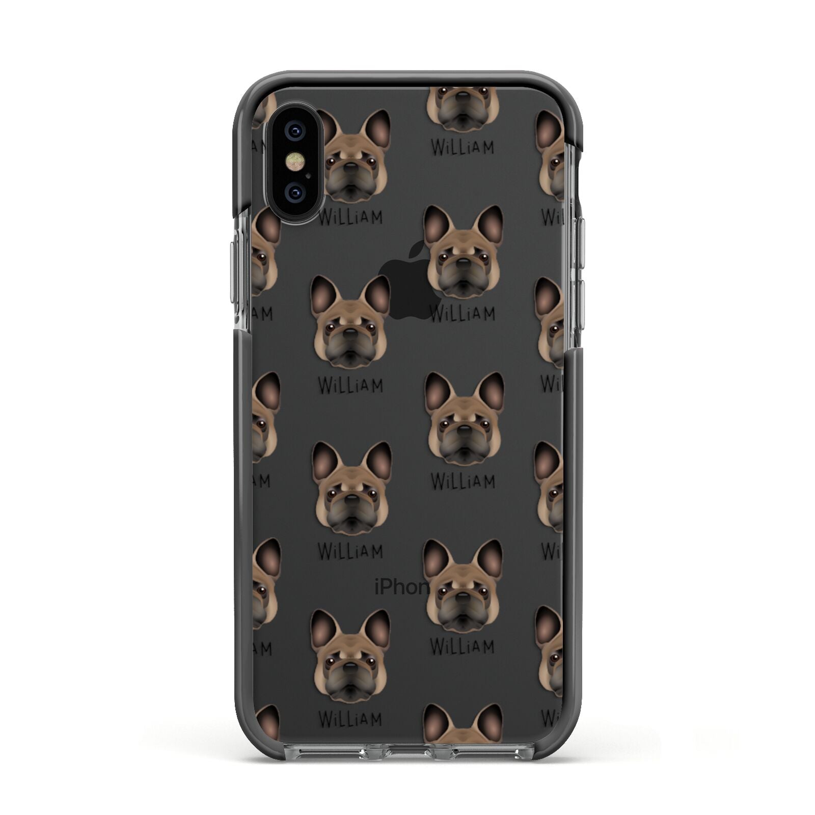 French Bulldog Icon with Name Apple iPhone Xs Impact Case Black Edge on Black Phone