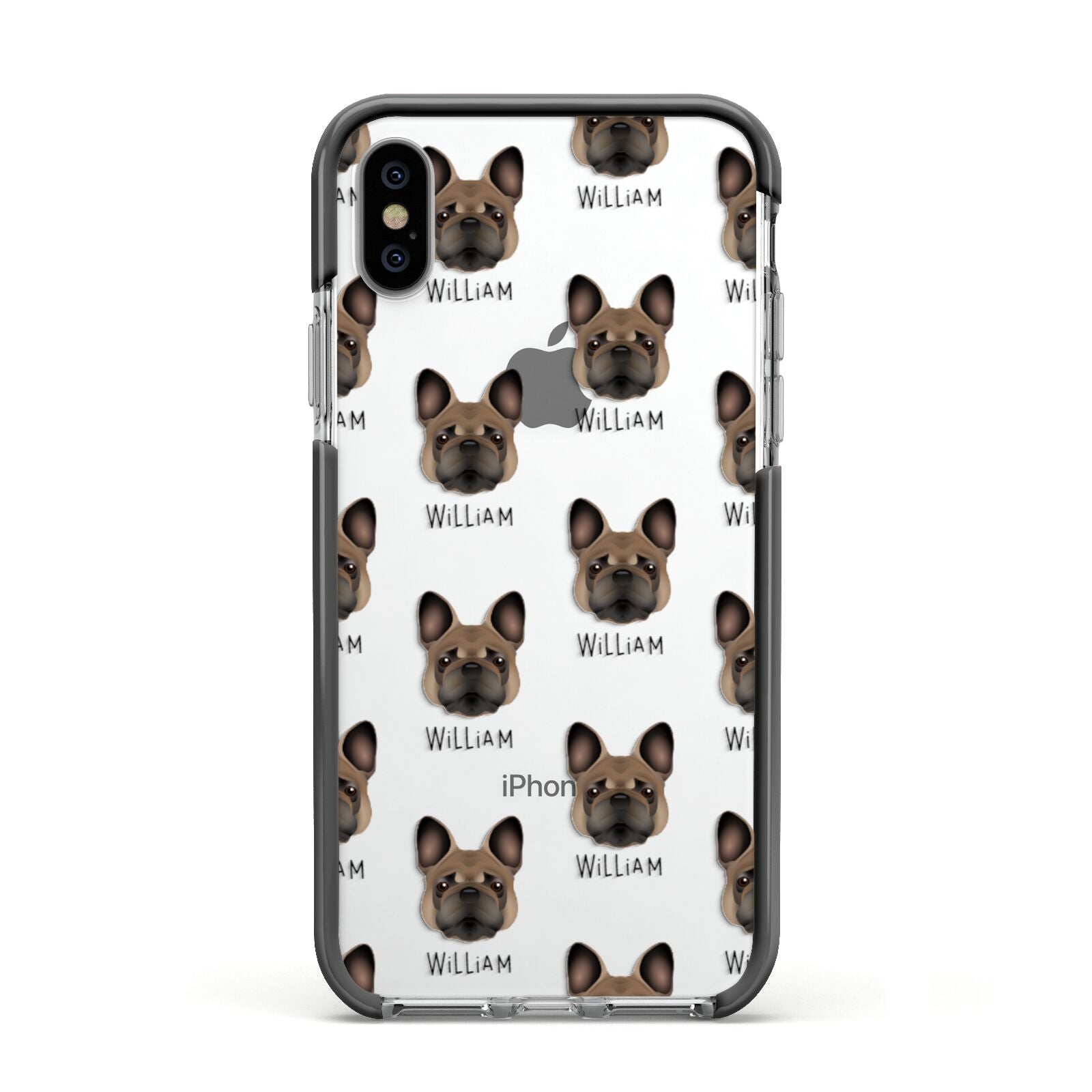 French Bulldog Icon with Name Apple iPhone Xs Impact Case Black Edge on Silver Phone