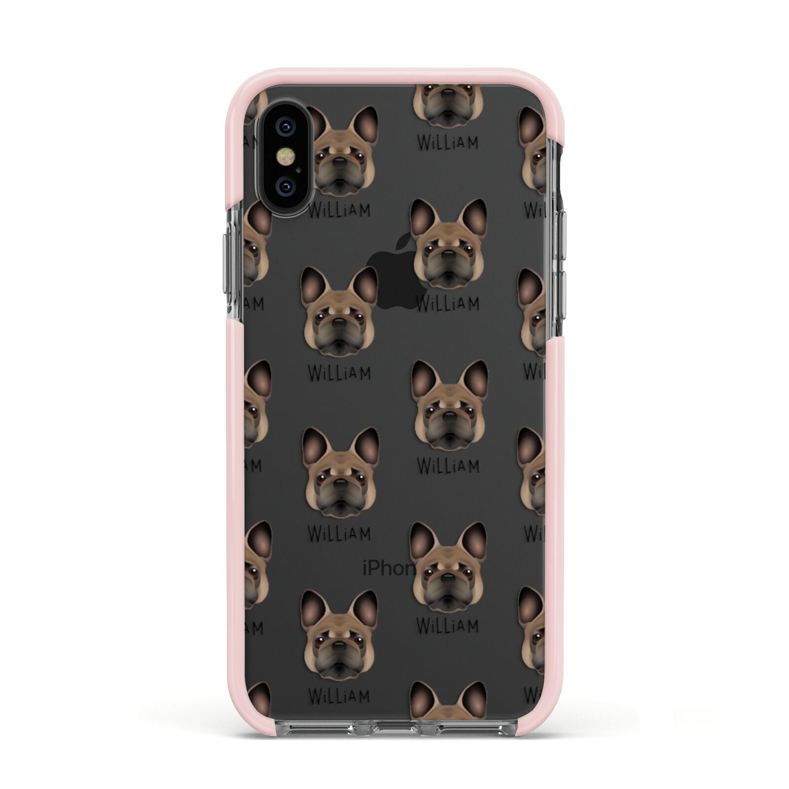 French Bulldog Icon with Name Apple iPhone Xs Impact Case Pink Edge on Black Phone