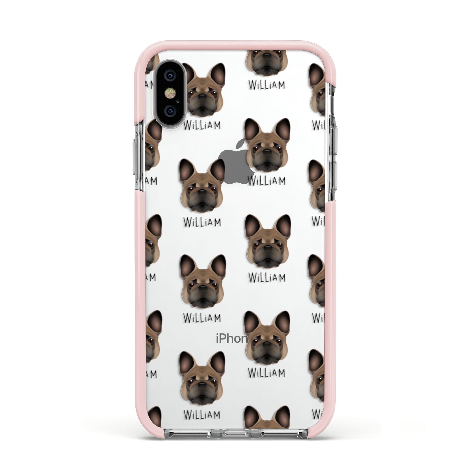 French Bulldog Icon with Name Apple iPhone Xs Impact Case Pink Edge on Silver Phone