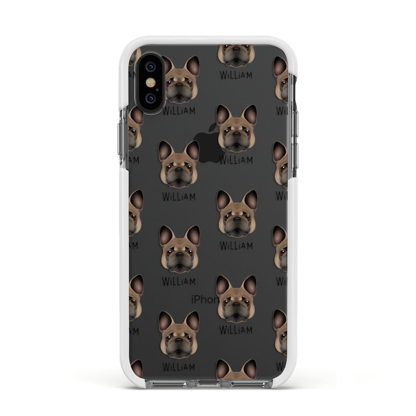 French Bulldog Icon with Name Apple iPhone Xs Impact Case White Edge on Black Phone