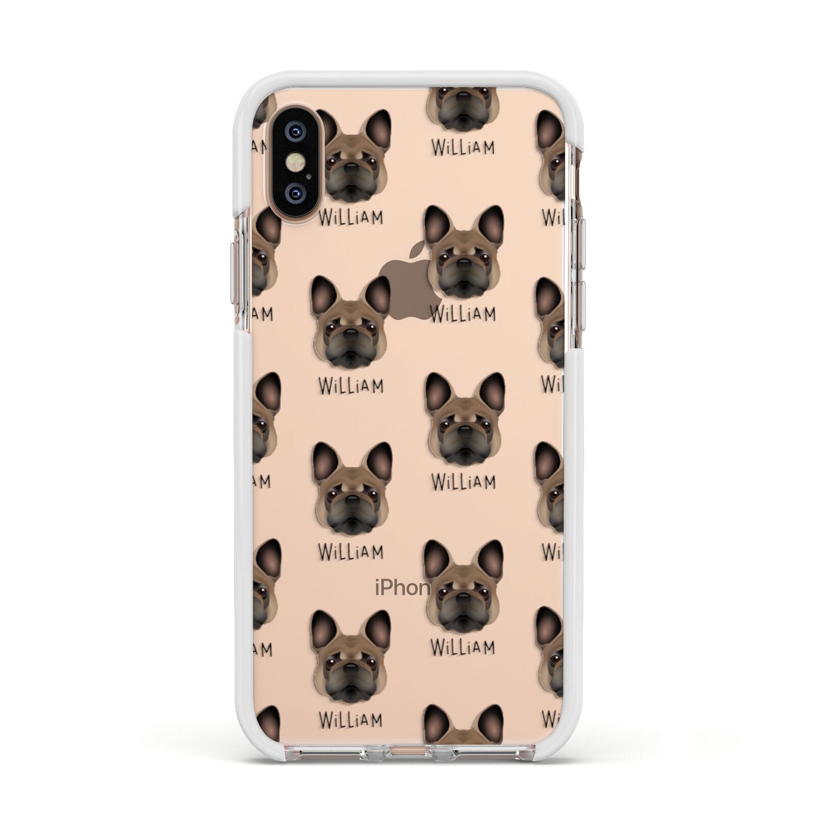 French Bulldog Icon with Name Apple iPhone Xs Impact Case White Edge on Gold Phone