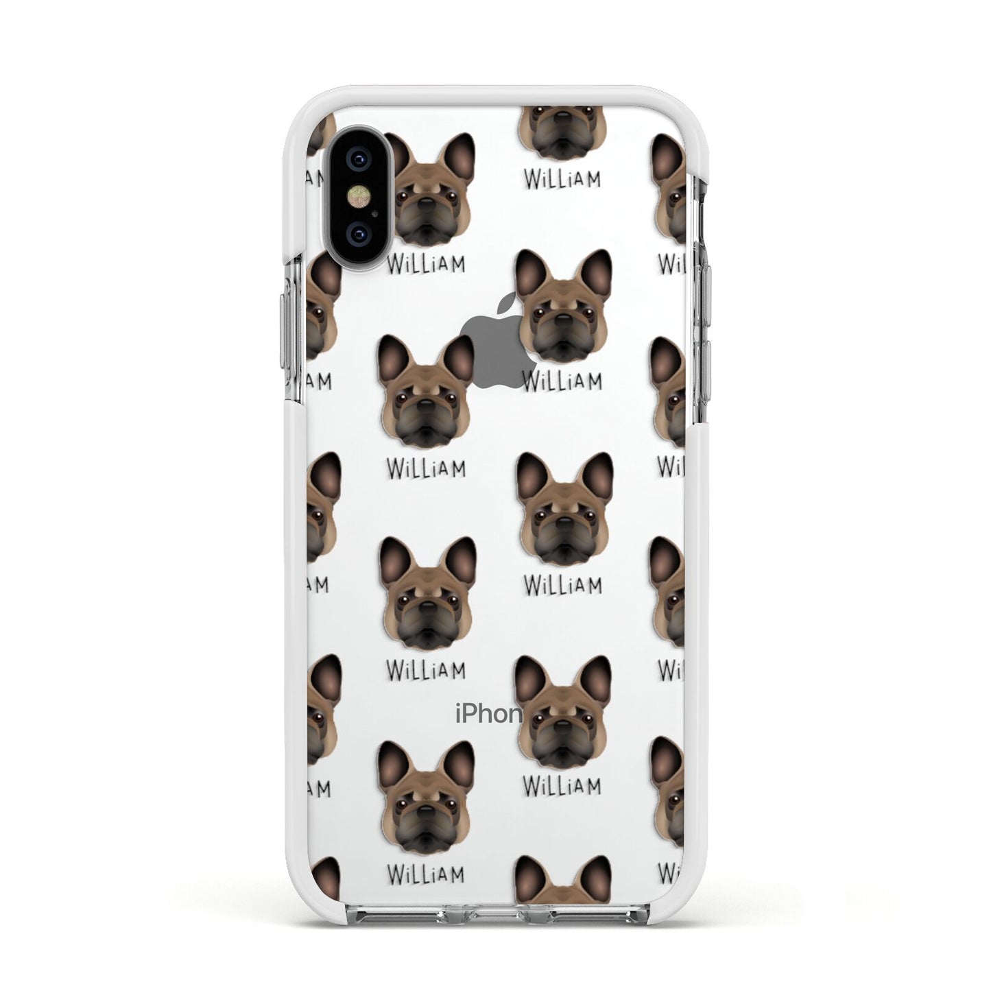 French Bulldog Icon with Name Apple iPhone Xs Impact Case White Edge on Silver Phone