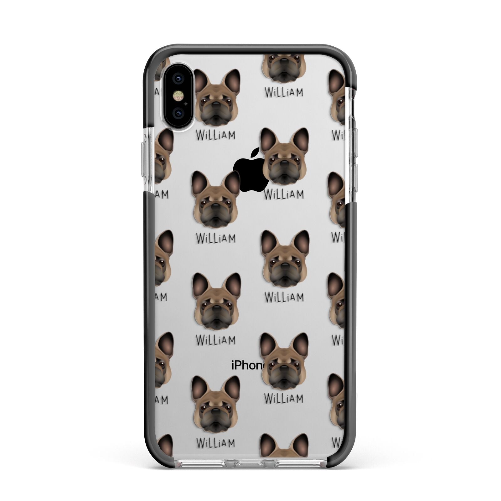 French Bulldog Icon with Name Apple iPhone Xs Max Impact Case Black Edge on Silver Phone