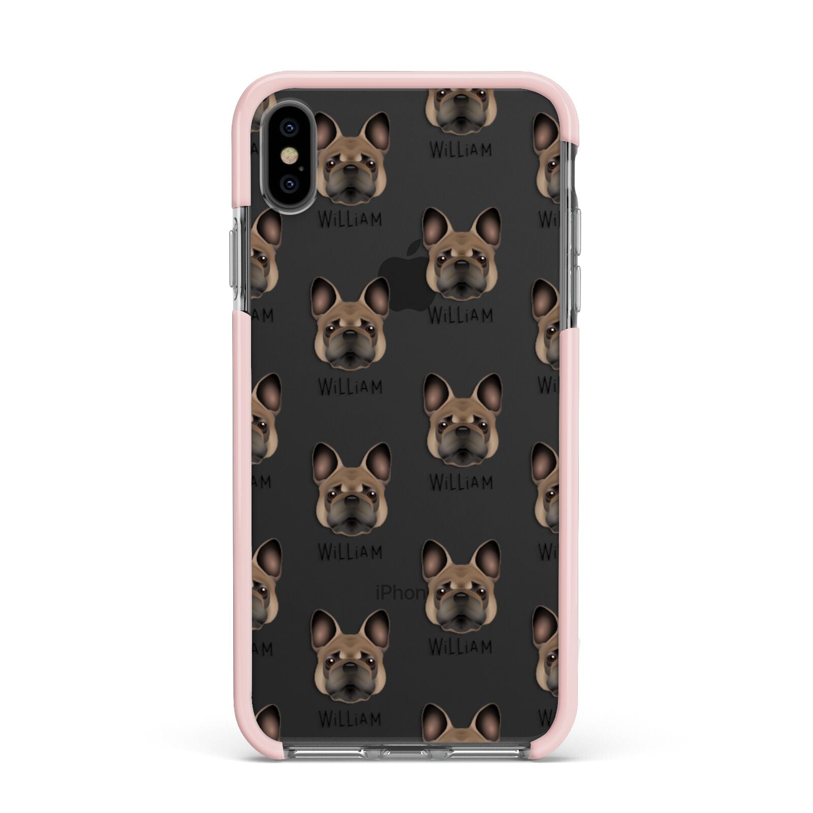 French Bulldog Icon with Name Apple iPhone Xs Max Impact Case Pink Edge on Black Phone