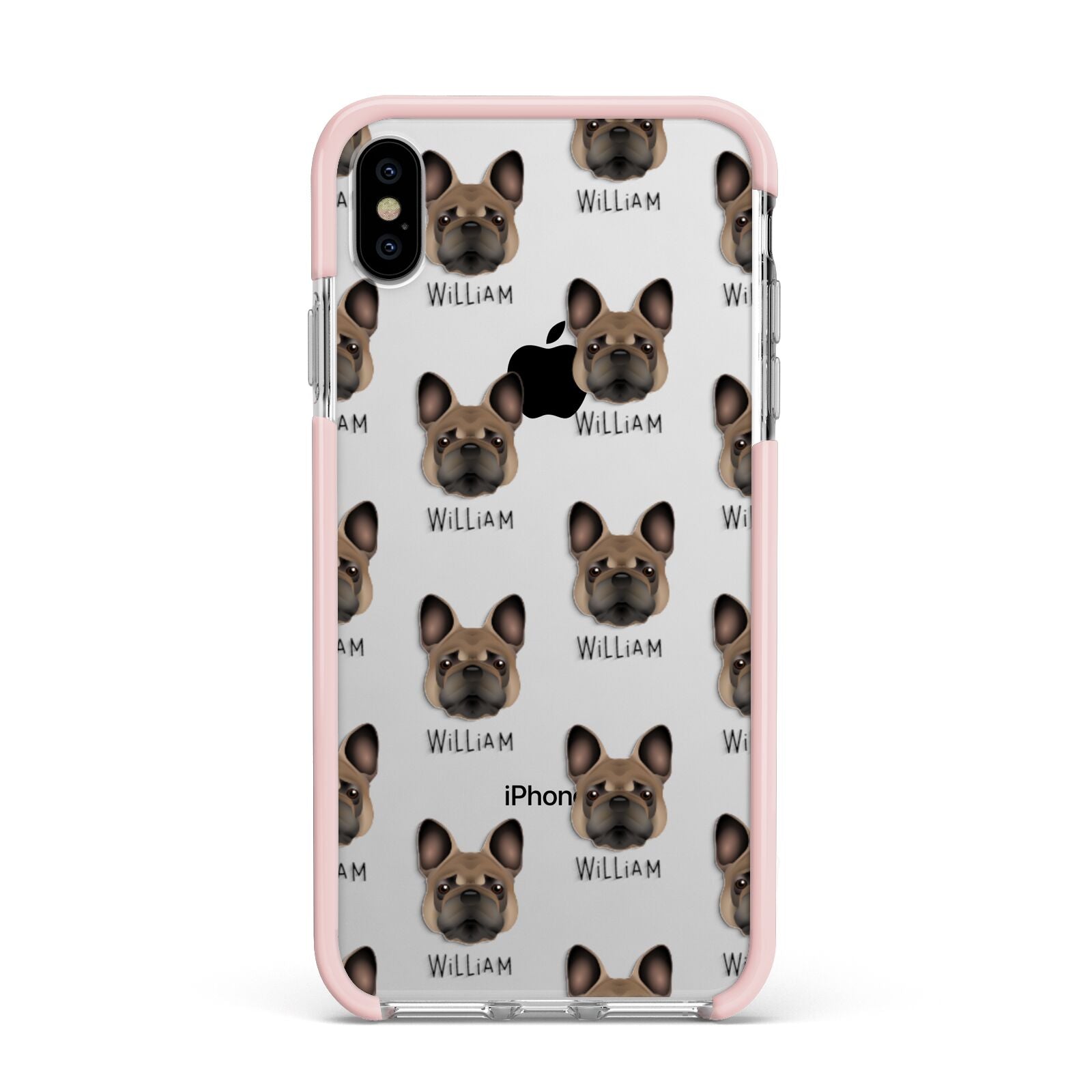 French Bulldog Icon with Name Apple iPhone Xs Max Impact Case Pink Edge on Silver Phone