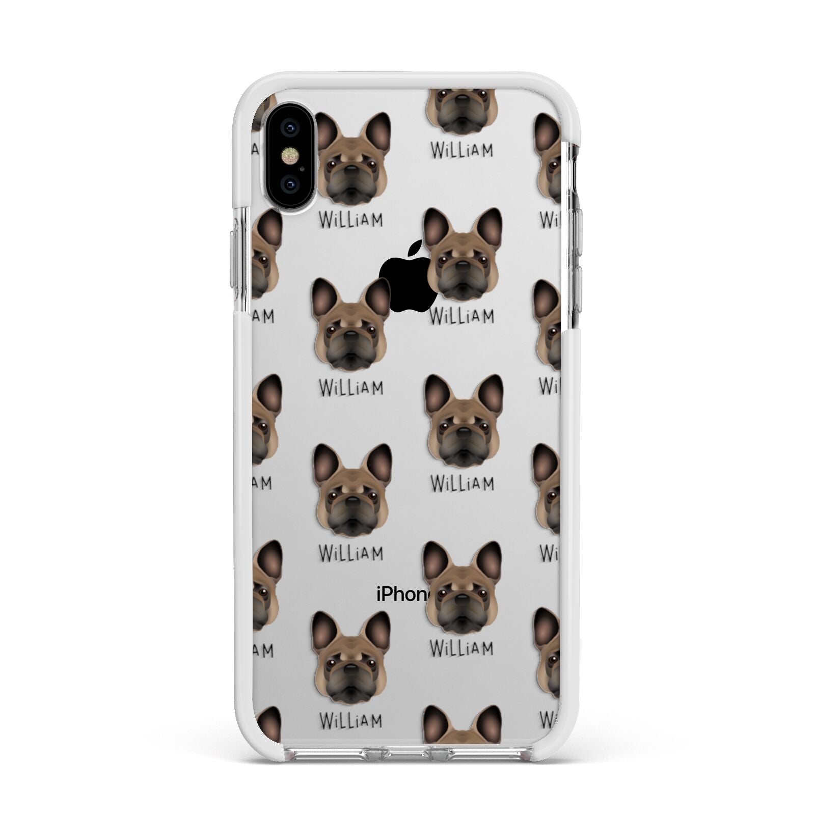 French Bulldog Icon with Name Apple iPhone Xs Max Impact Case White Edge on Silver Phone