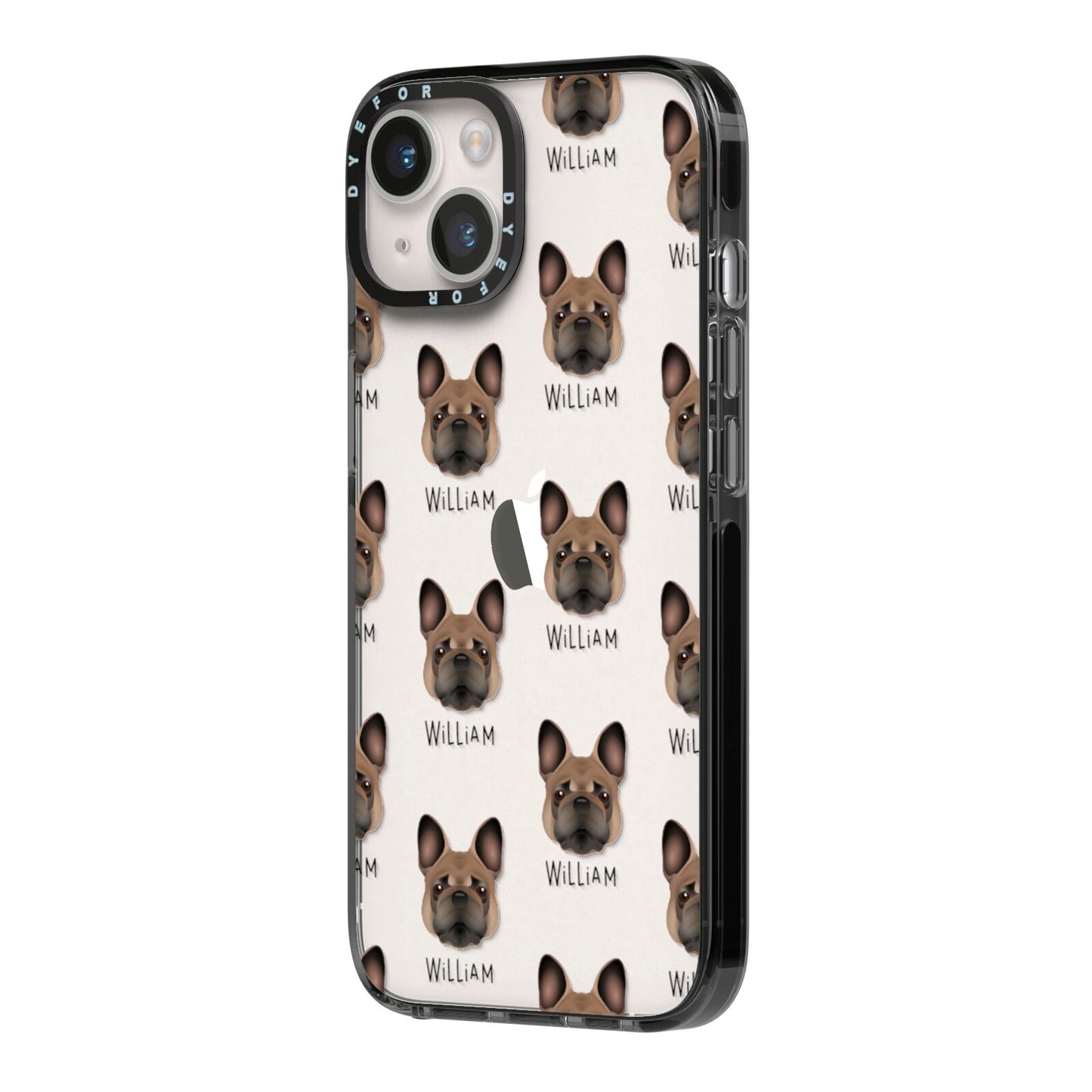 French Bulldog Icon with Name iPhone 14 Black Impact Case Side Angle on Silver phone