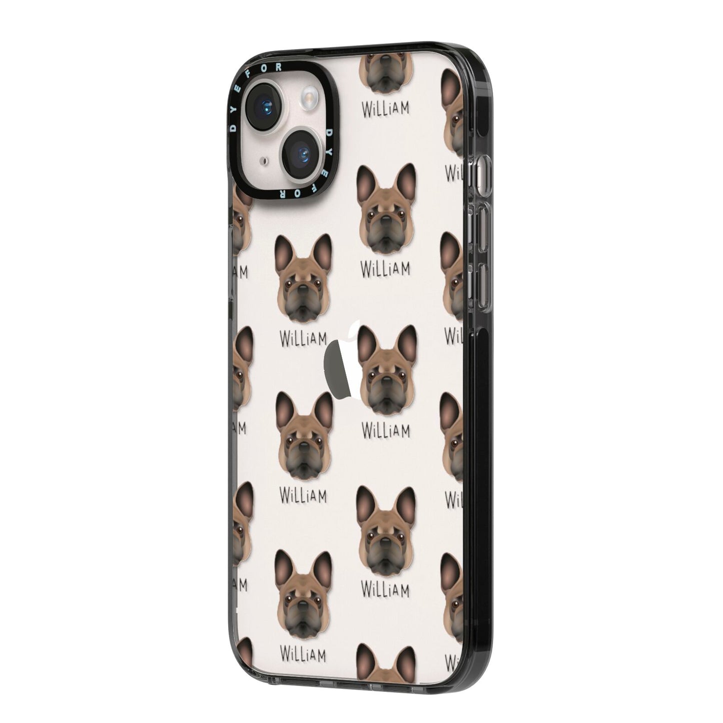 French Bulldog Icon with Name iPhone 14 Plus Black Impact Case Side Angle on Silver phone