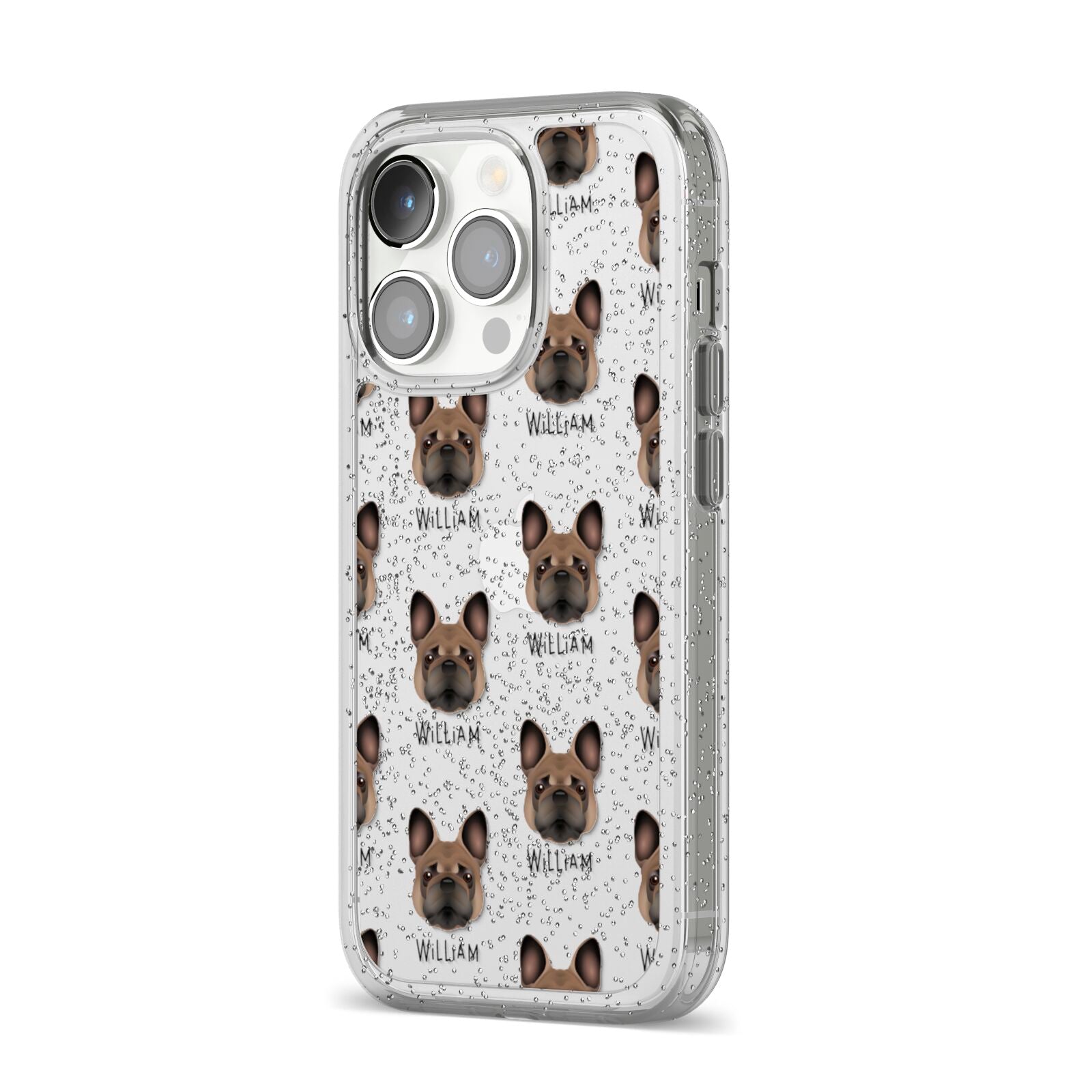 French Bulldog Icon with Name iPhone 14 Pro Glitter Tough Case Silver Angled Image