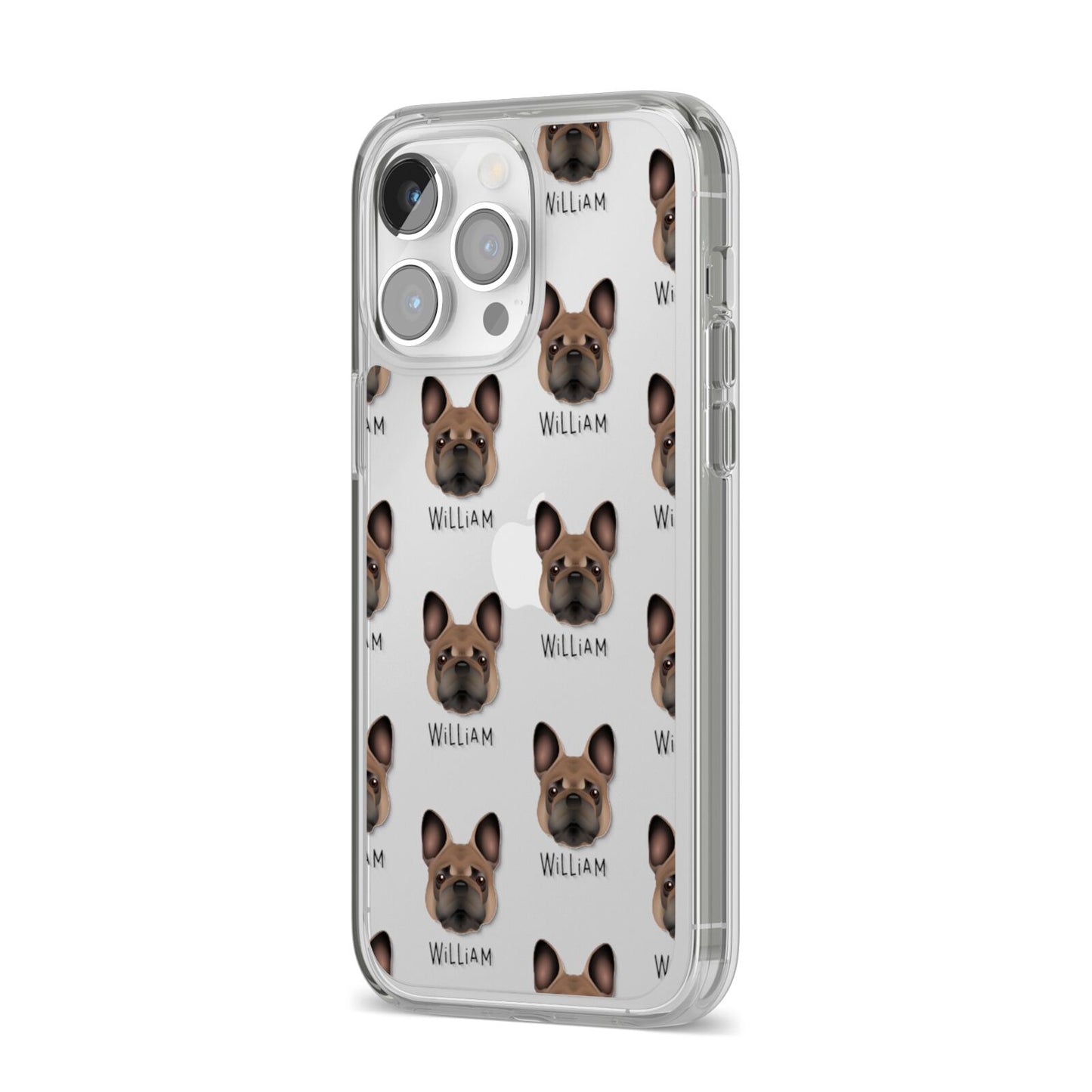 French Bulldog Icon with Name iPhone 14 Pro Max Clear Tough Case Silver Angled Image