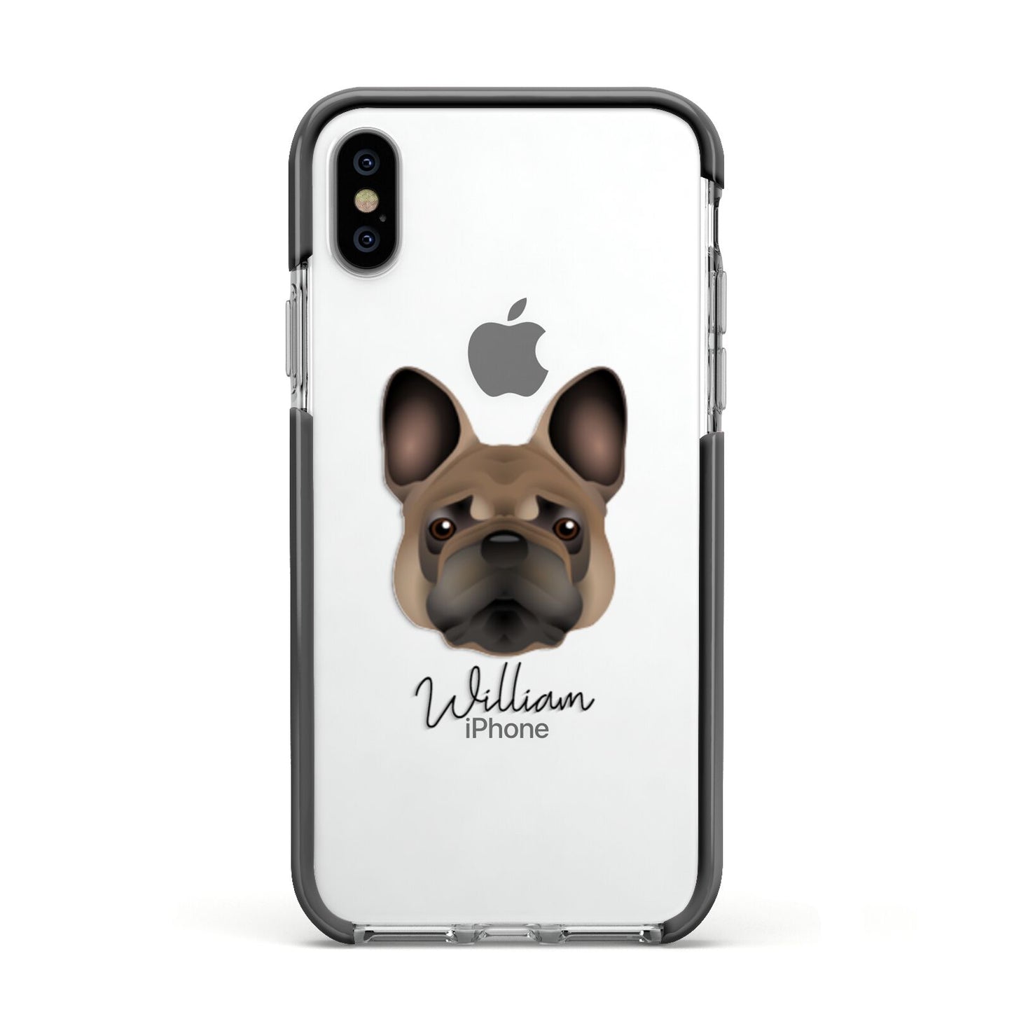 French Bulldog Personalised Apple iPhone Xs Impact Case Black Edge on Silver Phone