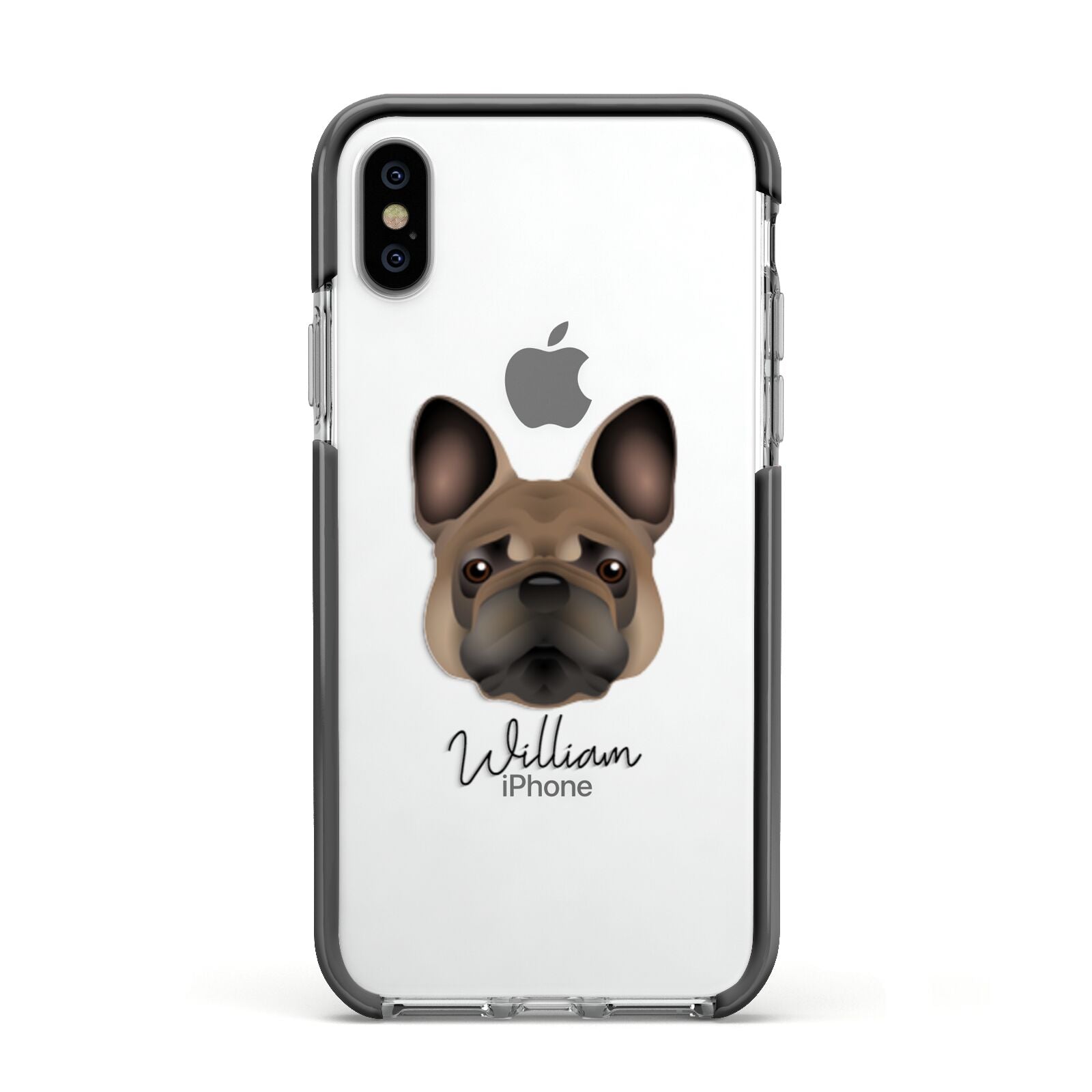 French Bulldog Personalised Apple iPhone Xs Impact Case Black Edge on Silver Phone