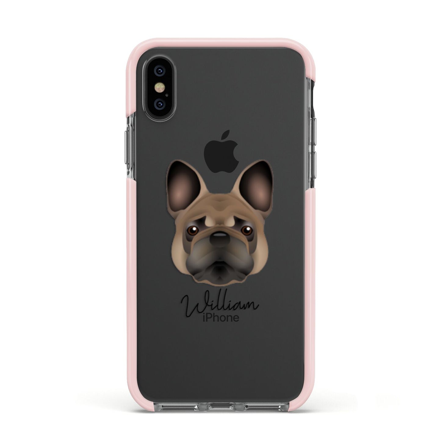French Bulldog Personalised Apple iPhone Xs Impact Case Pink Edge on Black Phone