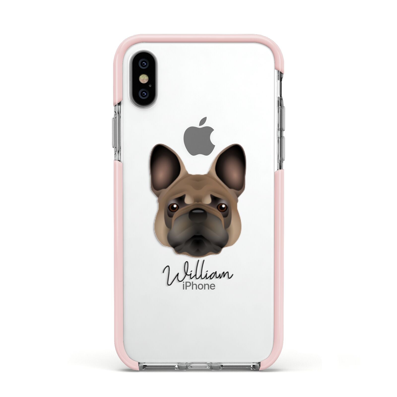 French Bulldog Personalised Apple iPhone Xs Impact Case Pink Edge on Silver Phone