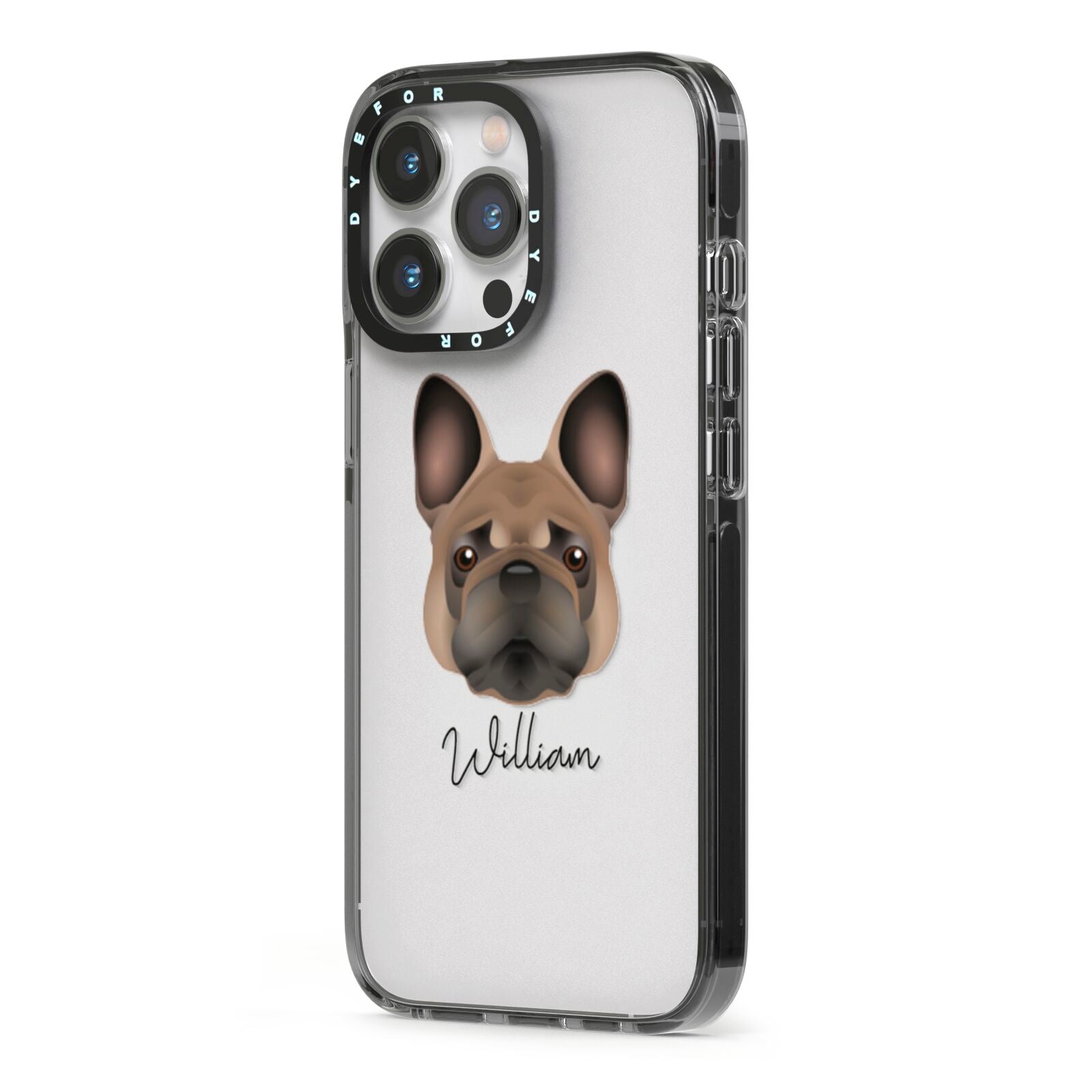 French Bulldog Personalised iPhone 13 Pro Black Impact Case Side Angle on Silver phone