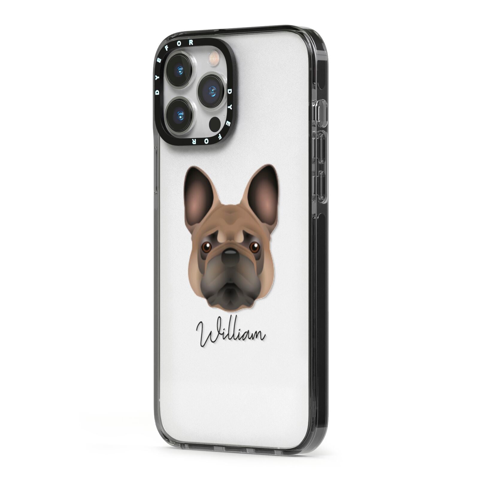 French Bulldog Personalised iPhone 13 Pro Max Black Impact Case Side Angle on Silver phone