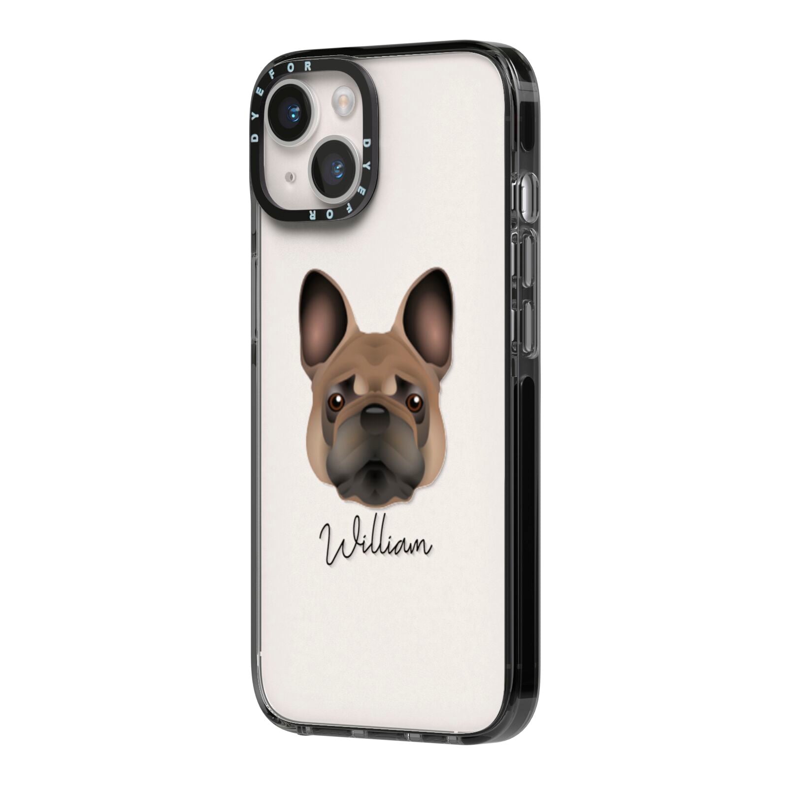 French Bulldog Personalised iPhone 14 Black Impact Case Side Angle on Silver phone