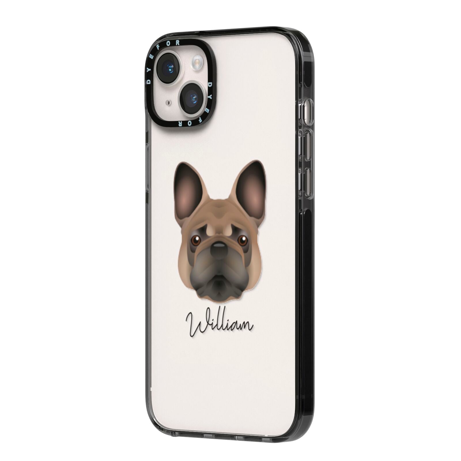 French Bulldog Personalised iPhone 14 Plus Black Impact Case Side Angle on Silver phone