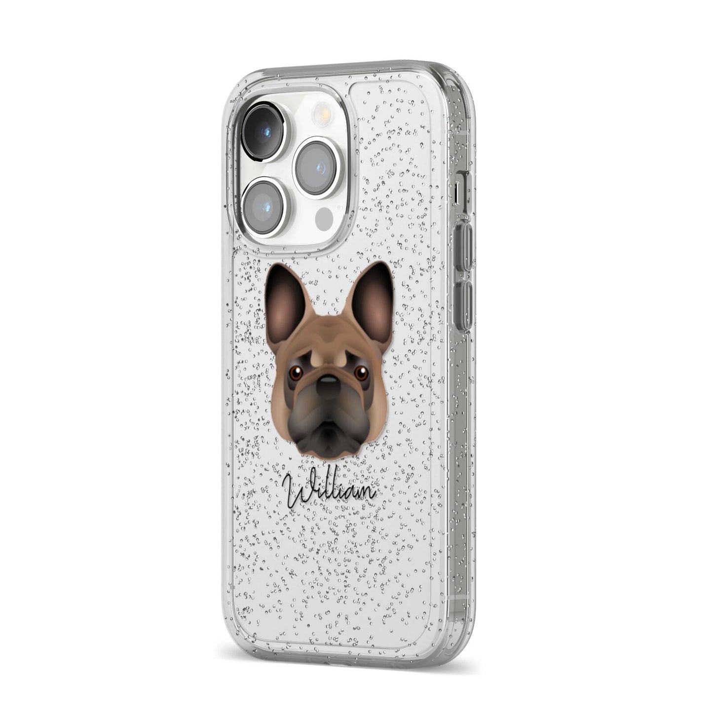 French Bulldog Personalised iPhone 14 Pro Glitter Tough Case Silver Angled Image