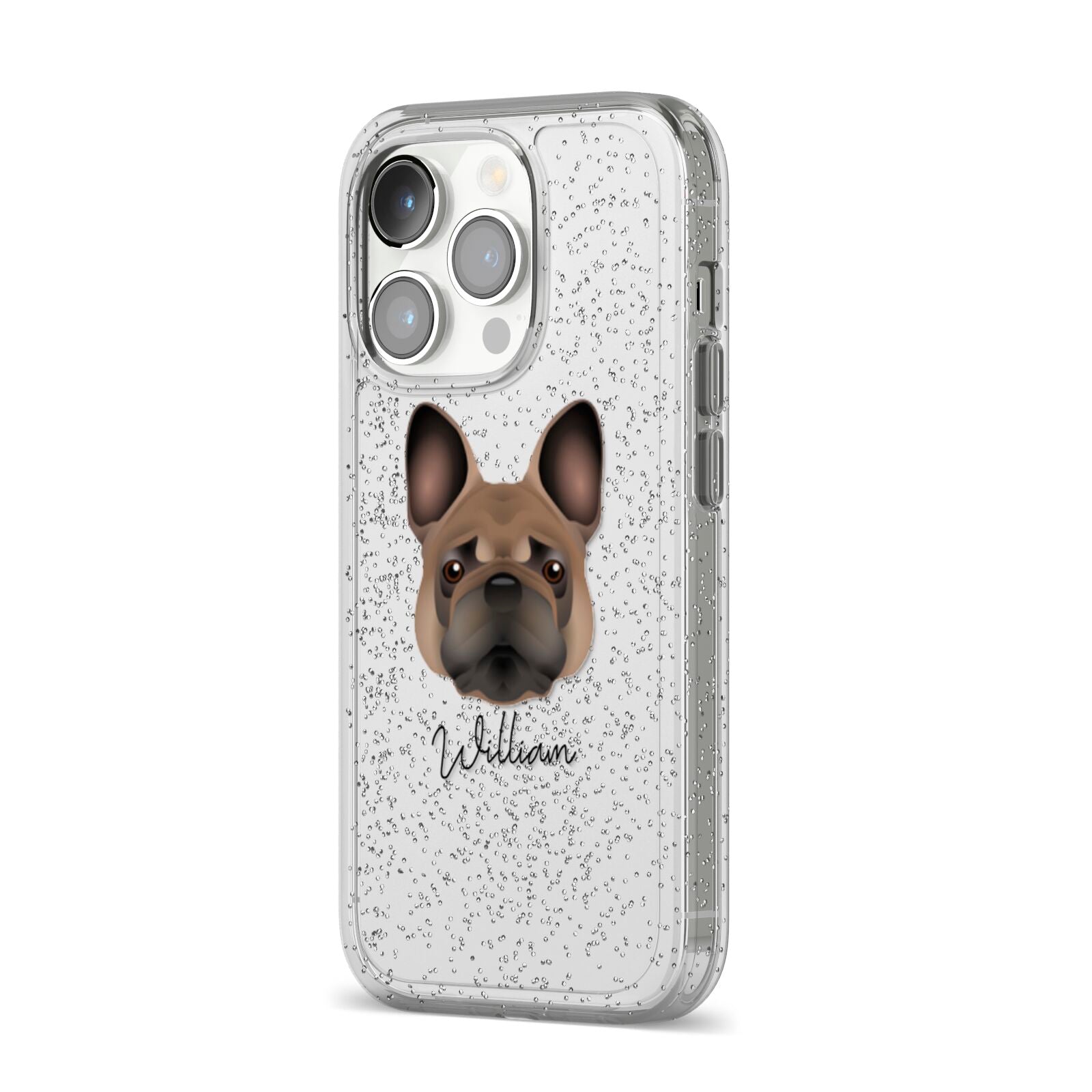 French Bulldog Personalised iPhone 14 Pro Glitter Tough Case Silver Angled Image