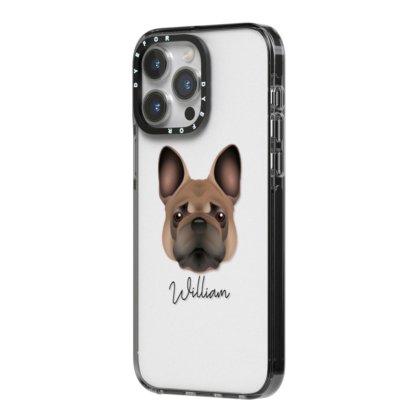 French Bulldog Personalised iPhone 14 Pro Max Black Impact Case Side Angle on Silver phone