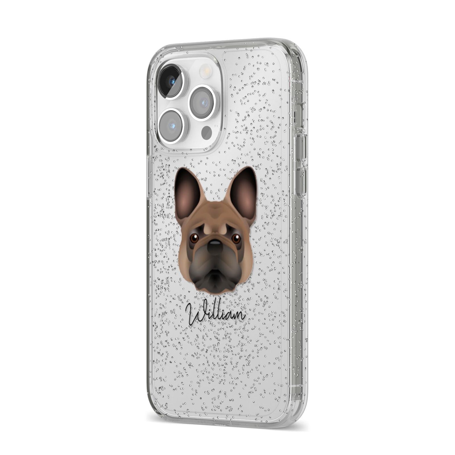 French Bulldog Personalised iPhone 14 Pro Max Glitter Tough Case Silver Angled Image