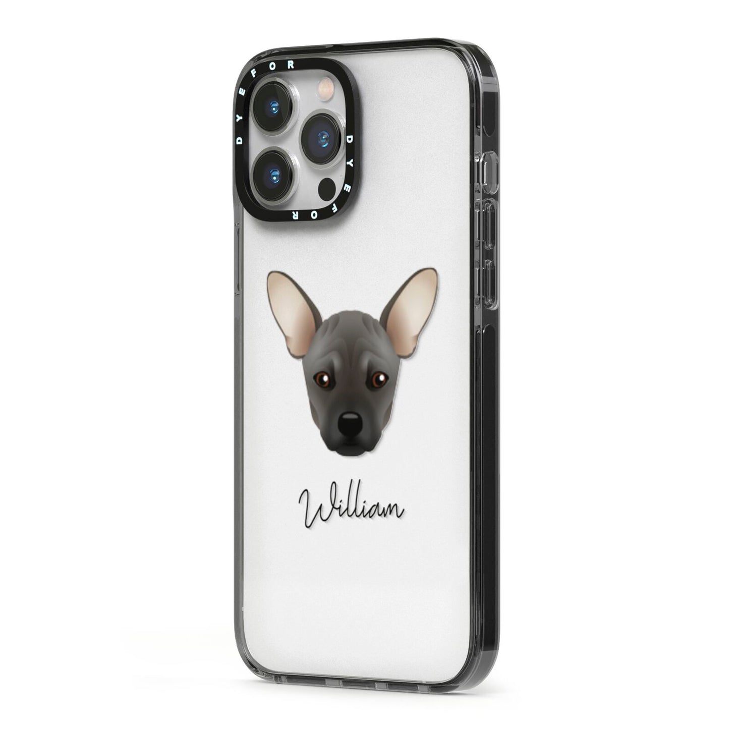 French Pin Personalised iPhone 13 Pro Max Black Impact Case Side Angle on Silver phone