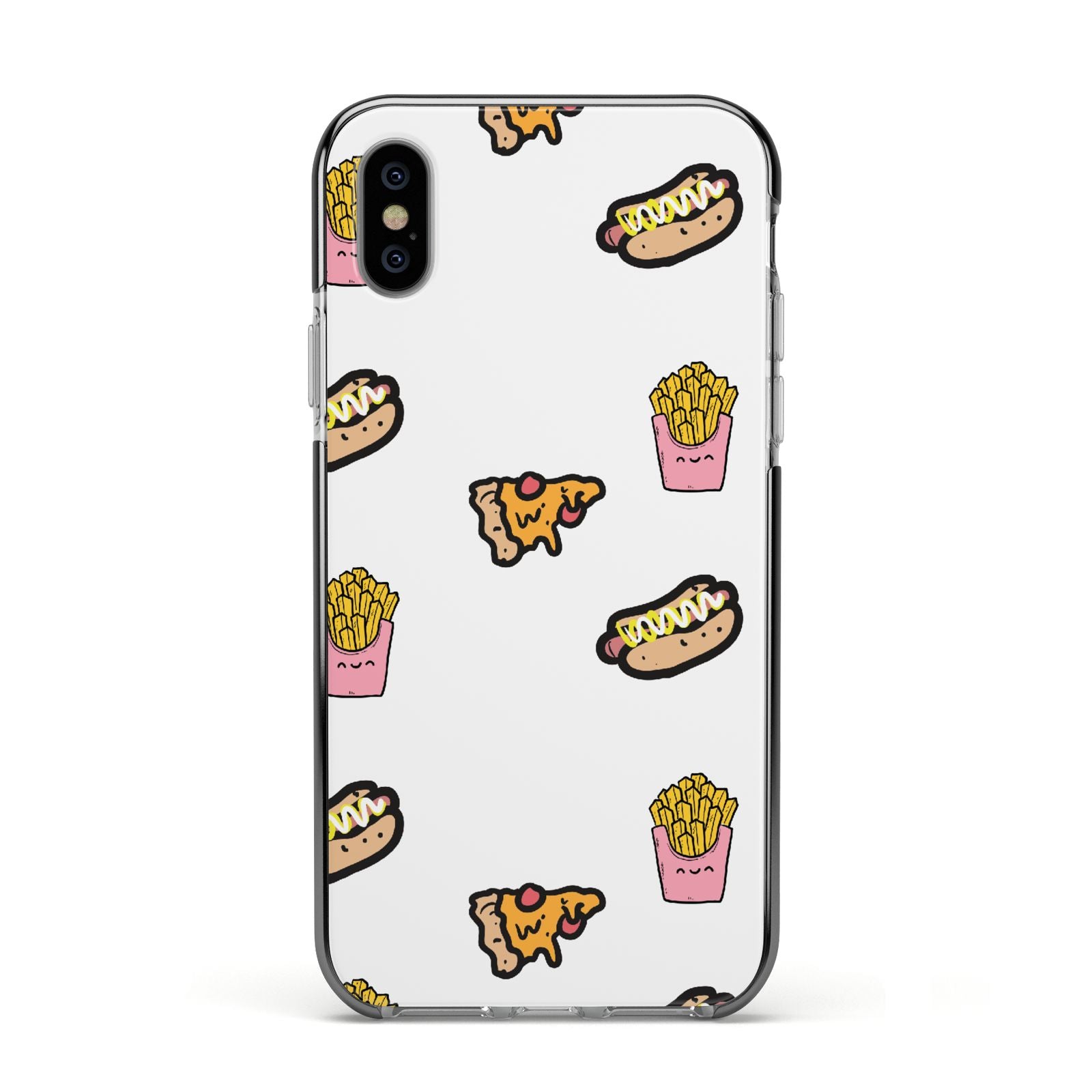 Fries Pizza Hot Dog Apple iPhone Xs Impact Case Black Edge on Silver Phone