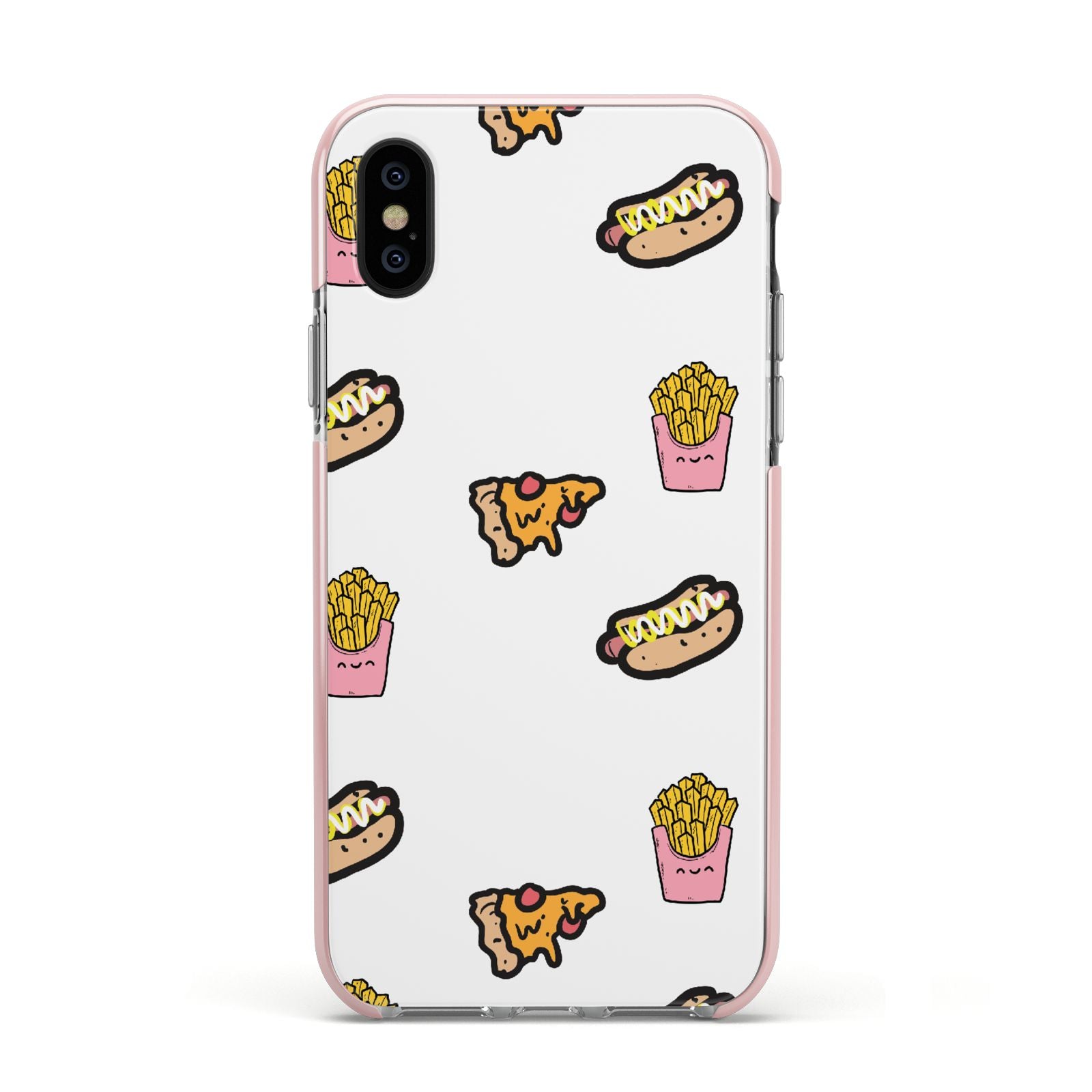 Fries Pizza Hot Dog Apple iPhone Xs Impact Case Pink Edge on Black Phone