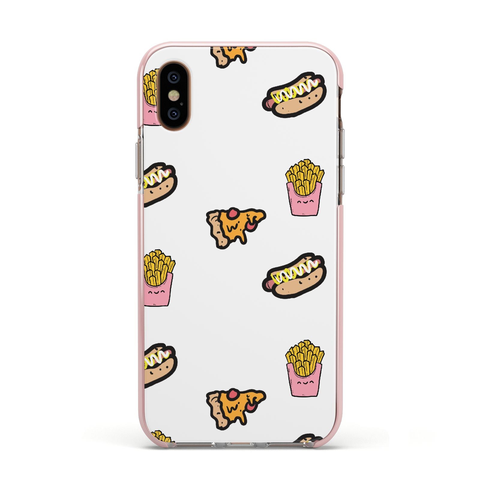 Fries Pizza Hot Dog Apple iPhone Xs Impact Case Pink Edge on Gold Phone