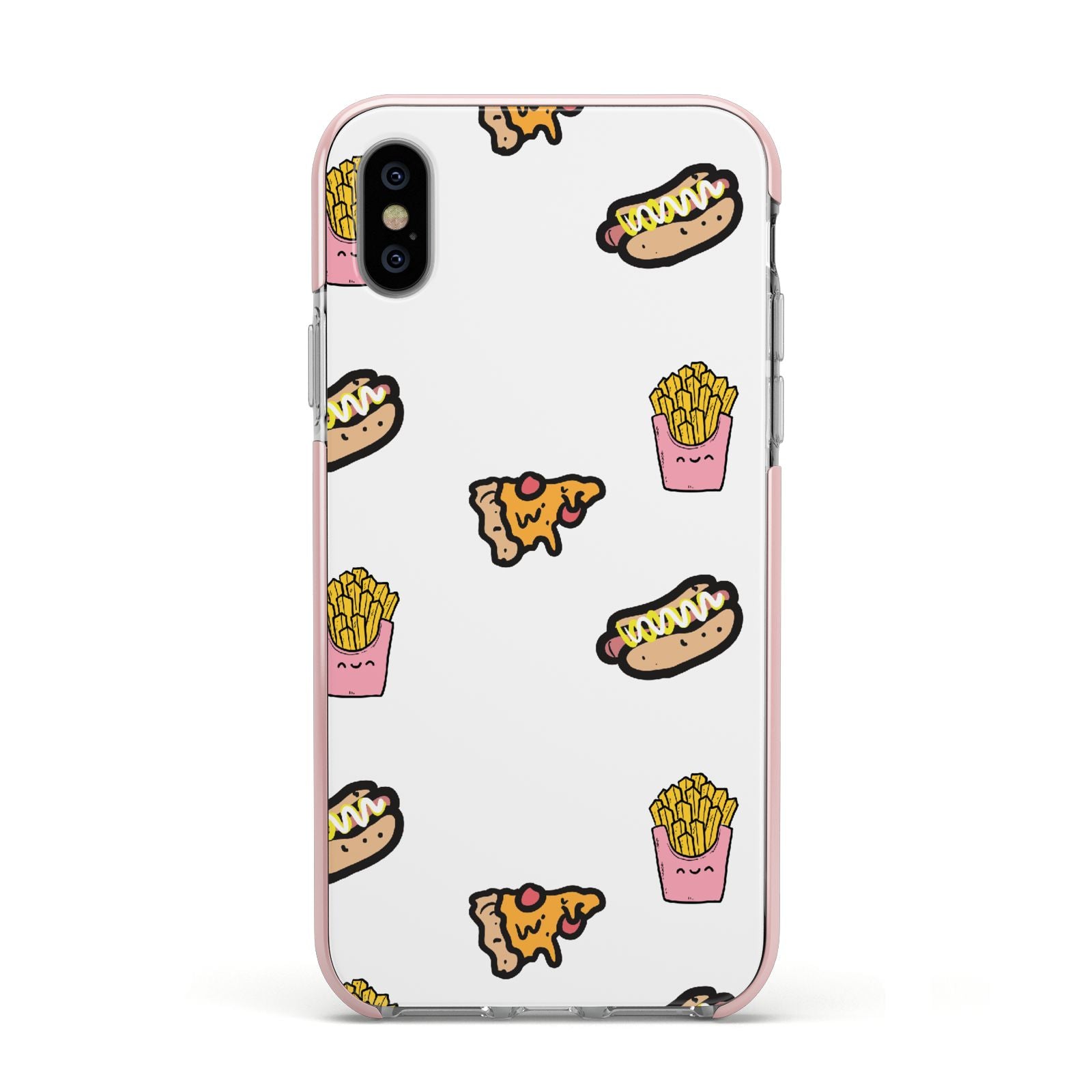 Fries Pizza Hot Dog Apple iPhone Xs Impact Case Pink Edge on Silver Phone