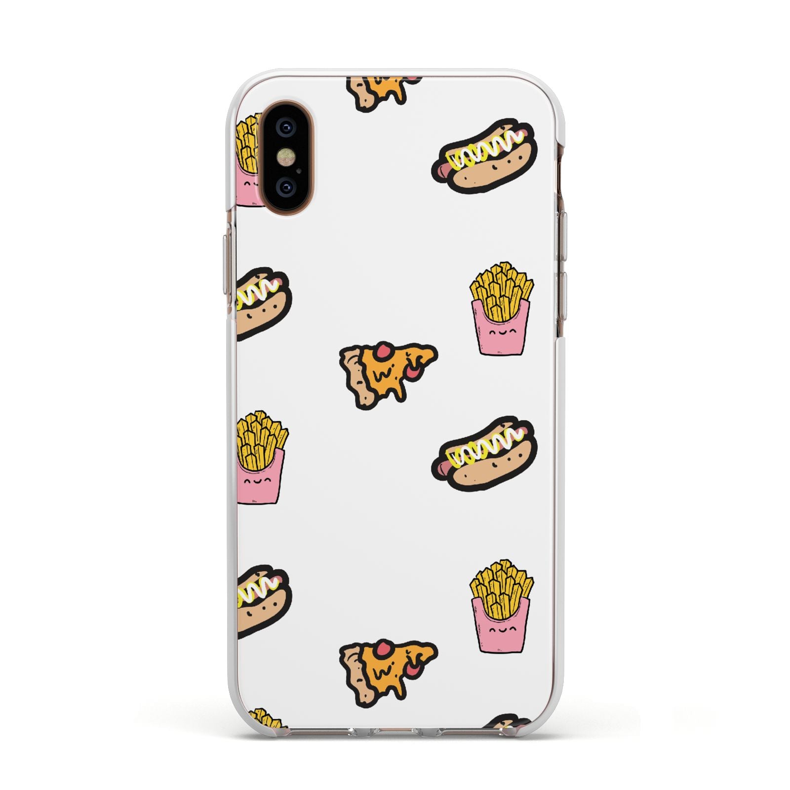 Fries Pizza Hot Dog Apple iPhone Xs Impact Case White Edge on Gold Phone